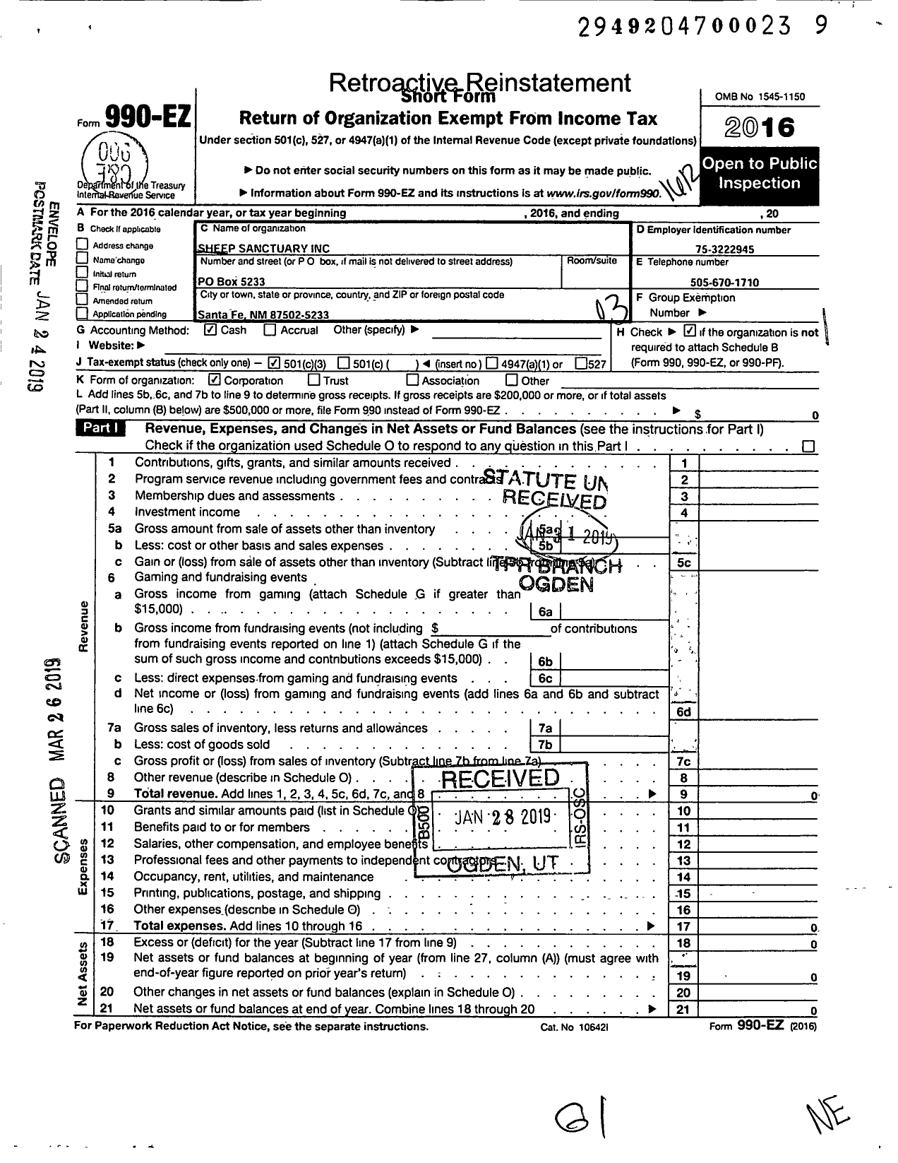 Image of first page of 2016 Form 990EZ for Sheep Sanctuary