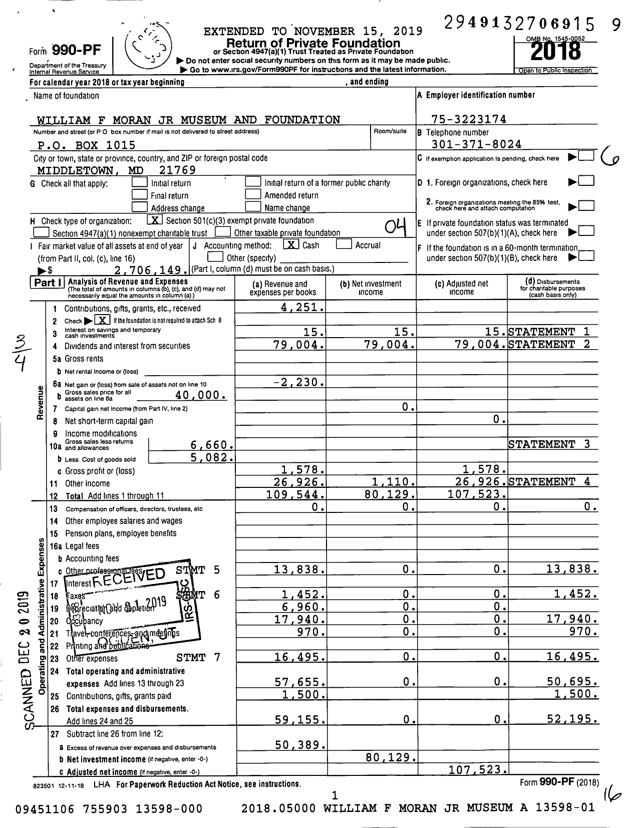 Image of first page of 2018 Form 990PF for William F Moran JR Museum and Foundation