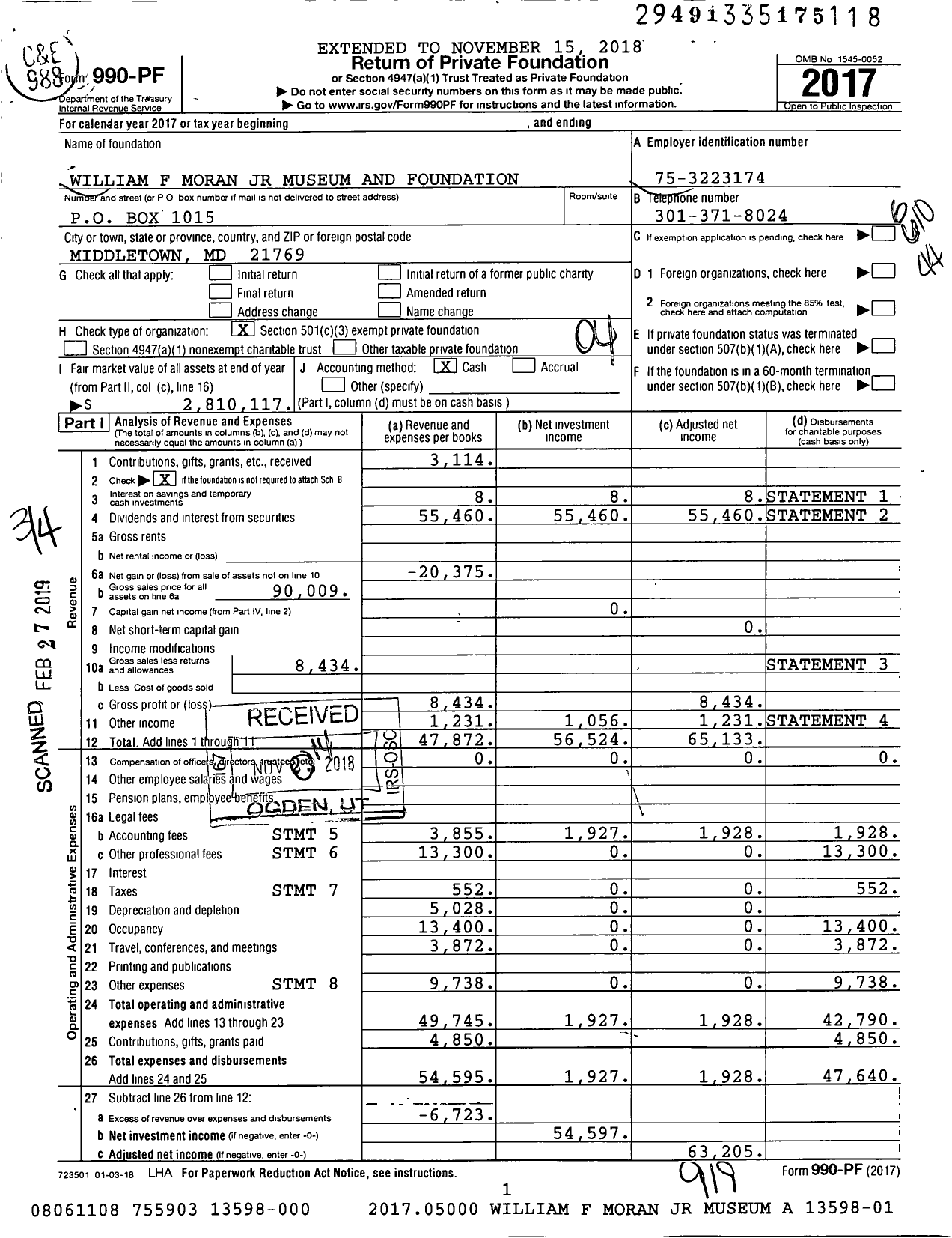 Image of first page of 2017 Form 990PF for William F Moran JR Museum and Foundation