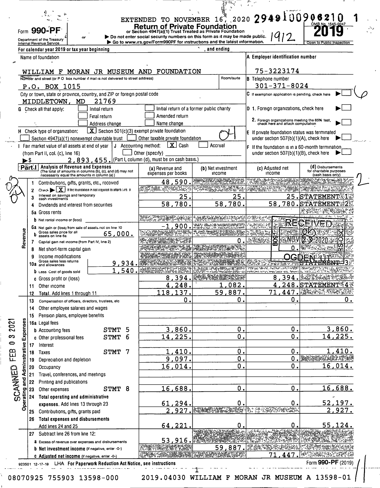 Image of first page of 2019 Form 990PF for William F Moran JR Museum and Foundation