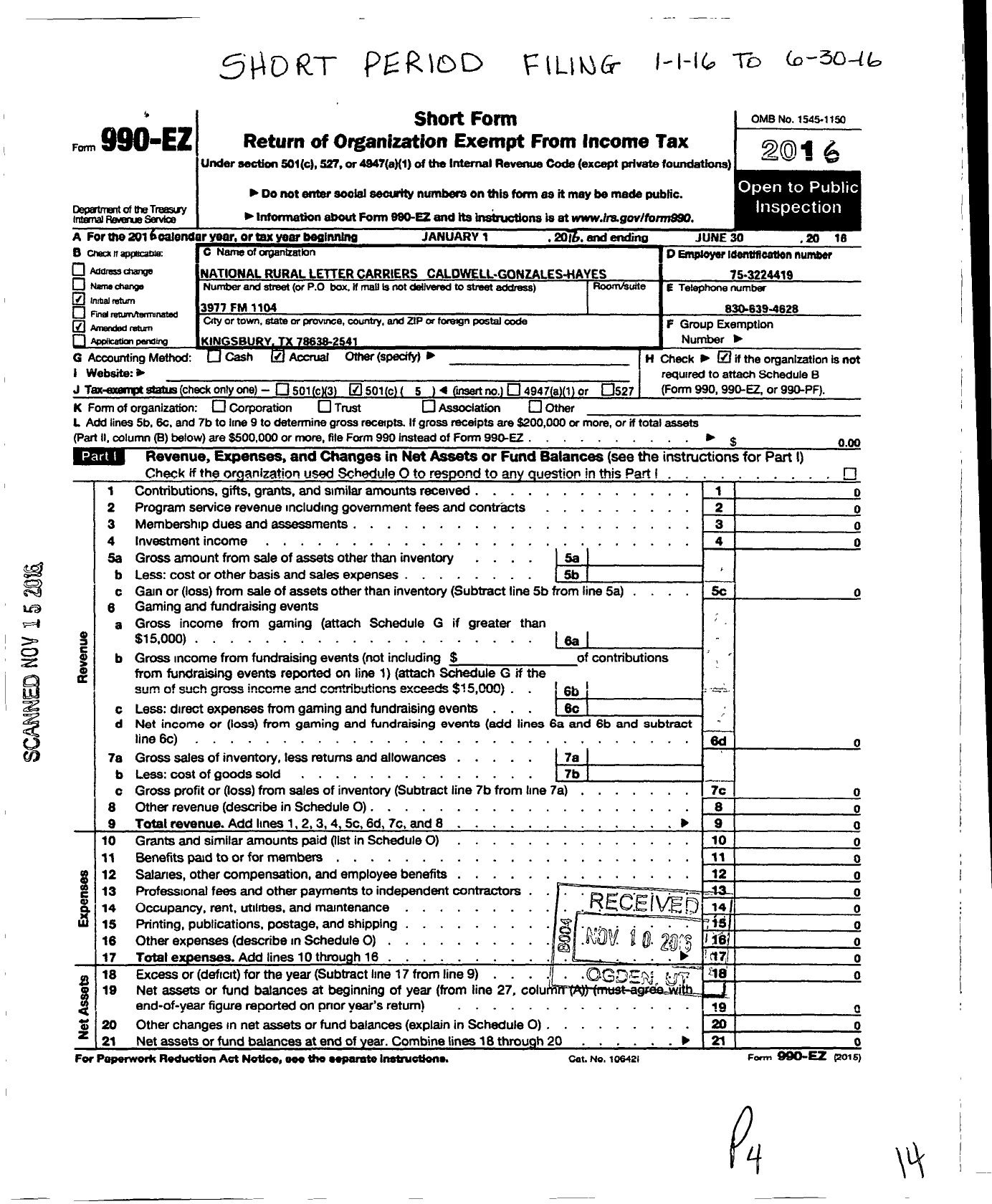 Image of first page of 2015 Form 990EO for National Rural Letter Carriers Association - Caldwell-Gonzales-Hayes