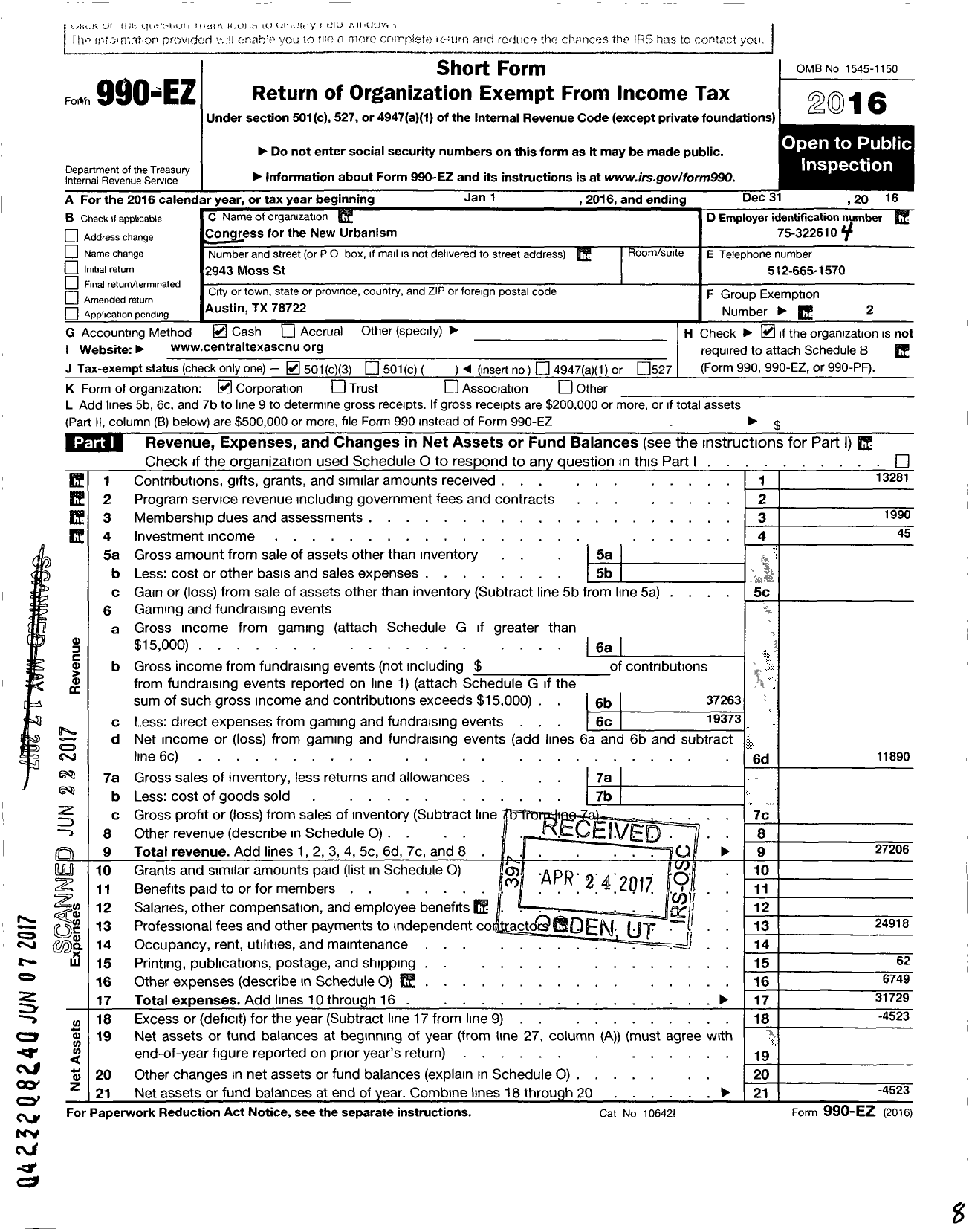 Image of first page of 2016 Form 990EZ for Congress for the New Urbanism - Central Texas Chapter