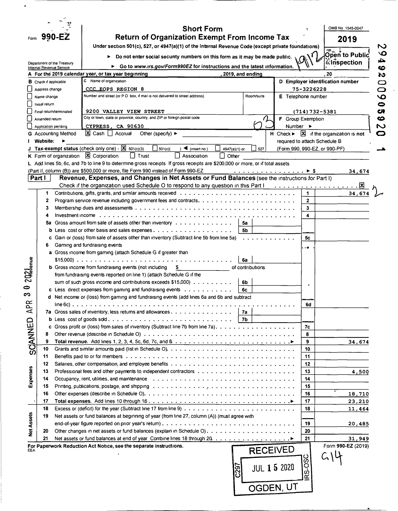 Image of first page of 2019 Form 990EZ for CCC Eops Region 8