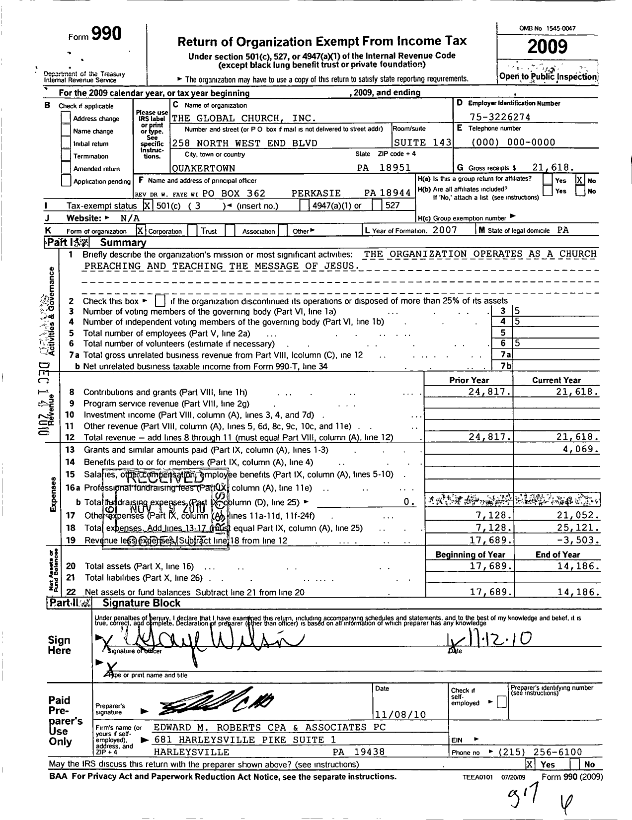 Image of first page of 2009 Form 990 for Global Church