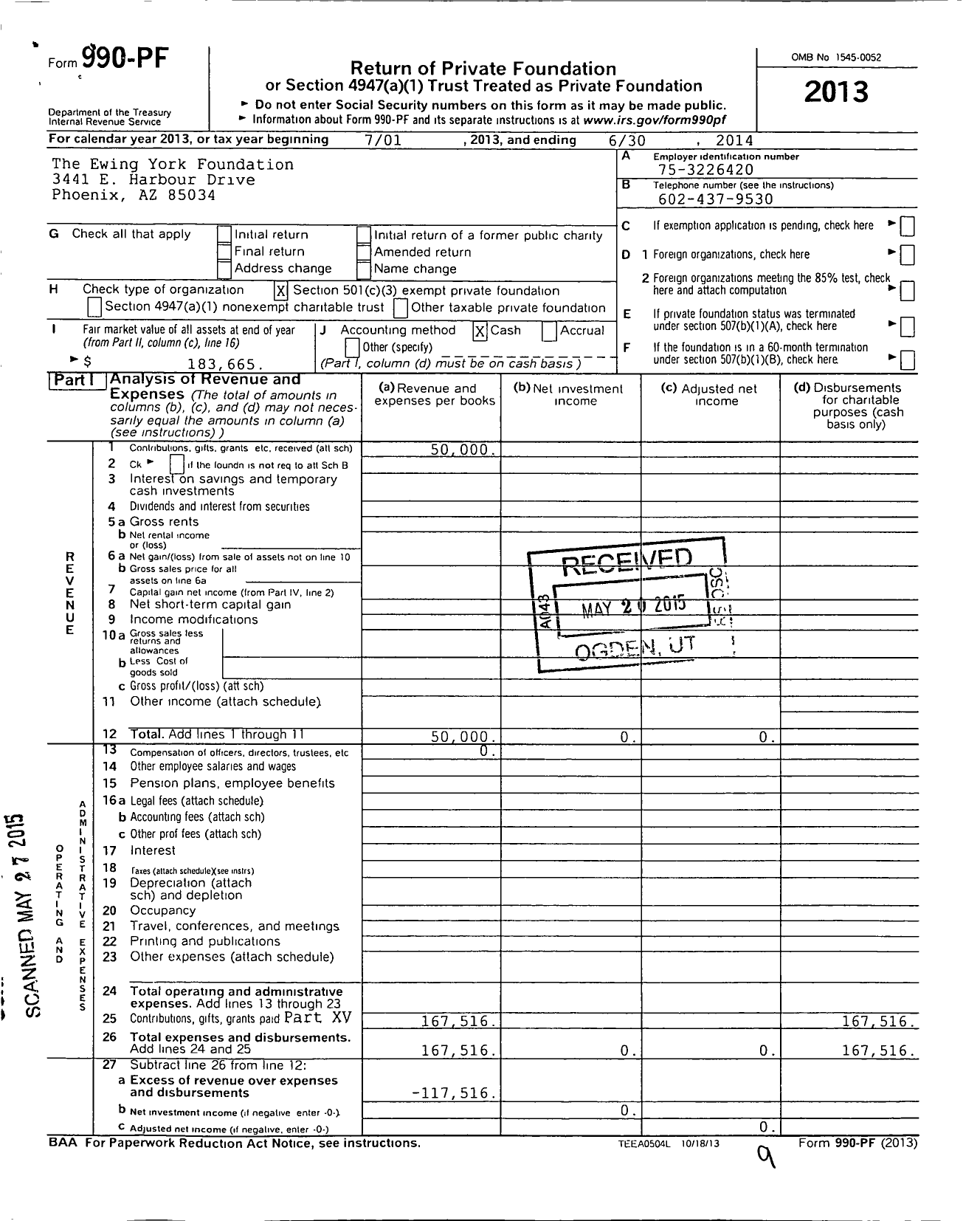 Image of first page of 2013 Form 990PF for The Ewing York Foundation