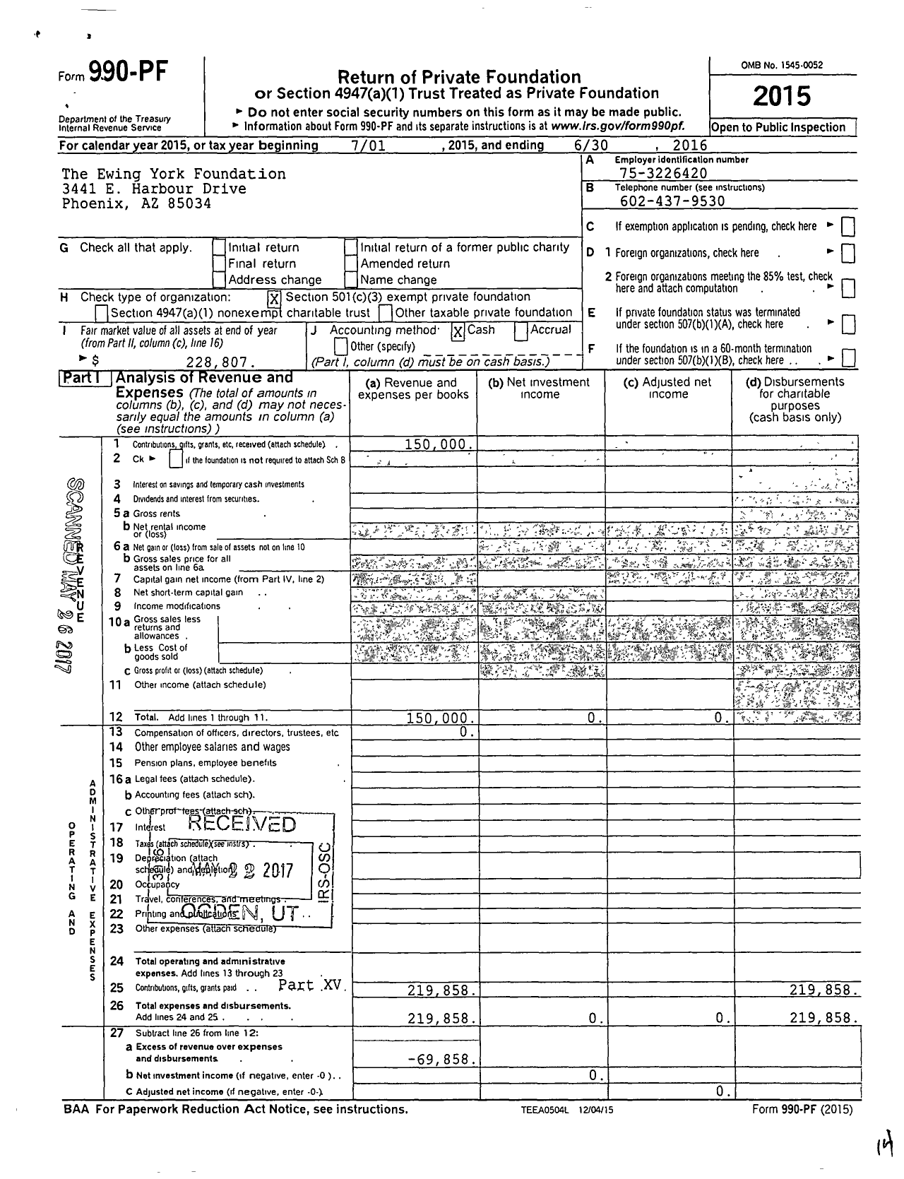 Image of first page of 2015 Form 990PF for The Ewing York Foundation