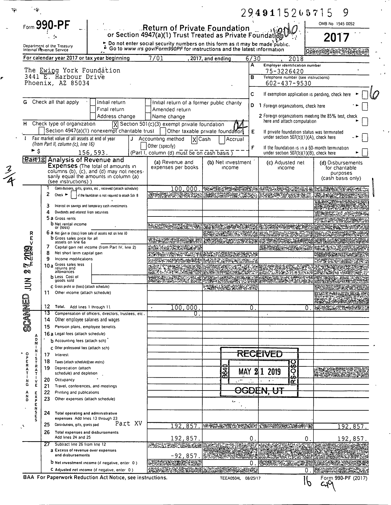 Image of first page of 2017 Form 990PF for The Ewing York Foundation