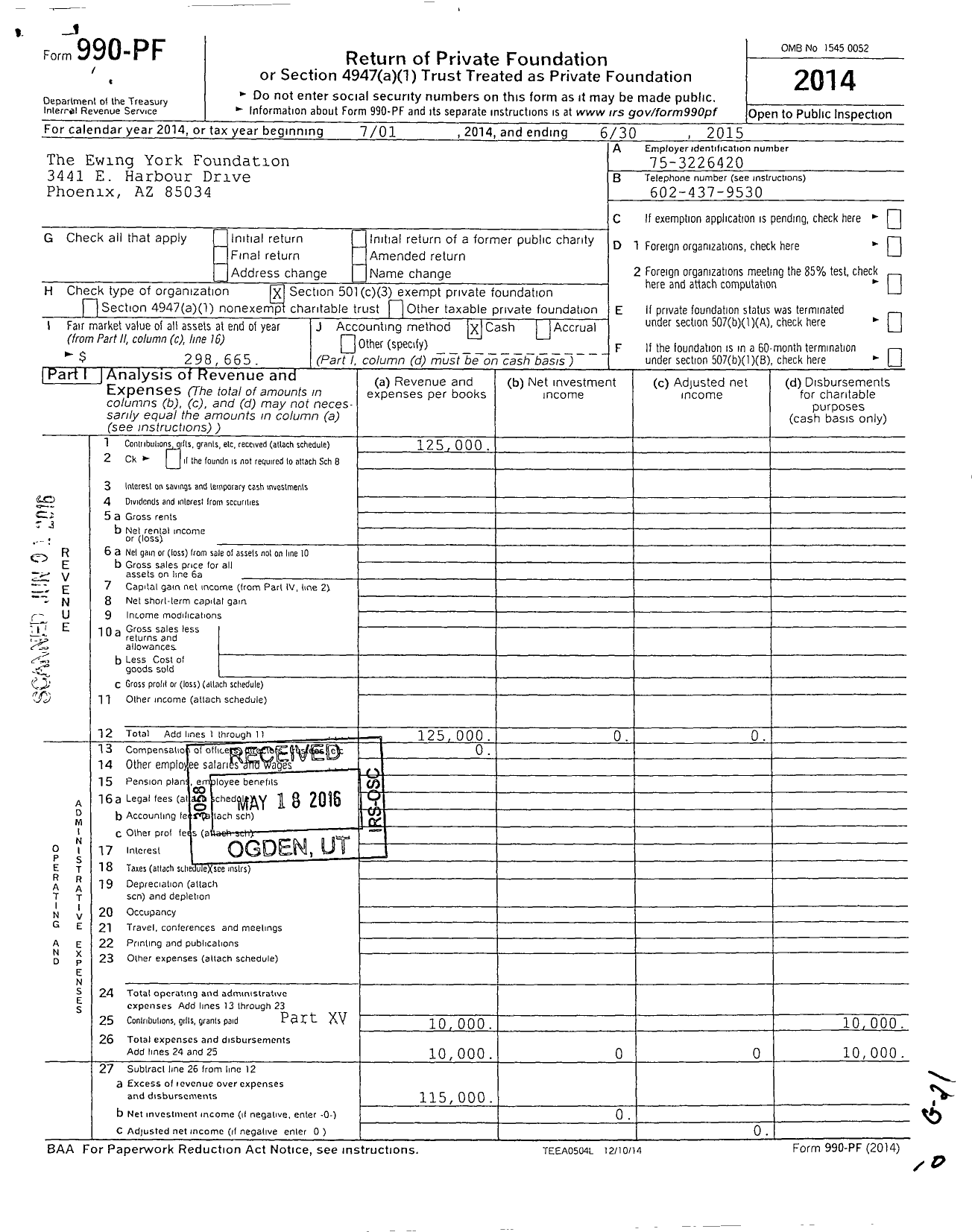 Image of first page of 2014 Form 990PF for The Ewing York Foundation