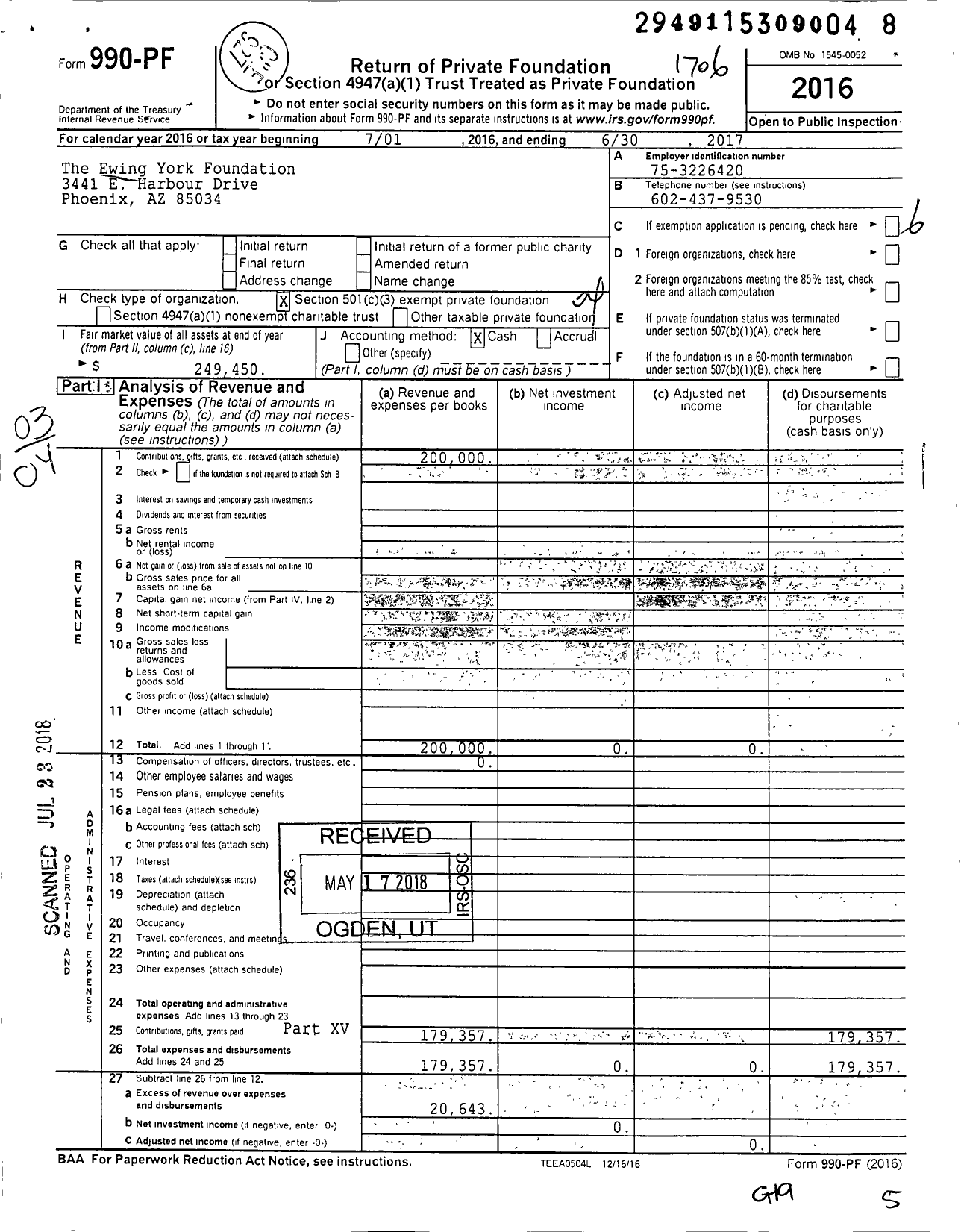 Image of first page of 2016 Form 990PF for The Ewing York Foundation