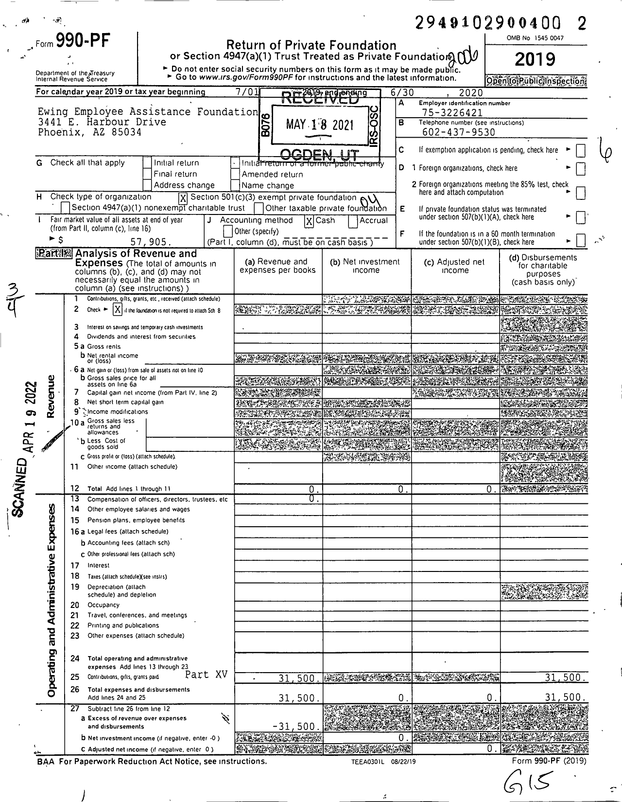 Image of first page of 2019 Form 990PF for Ewing Employee Assistance Foundation