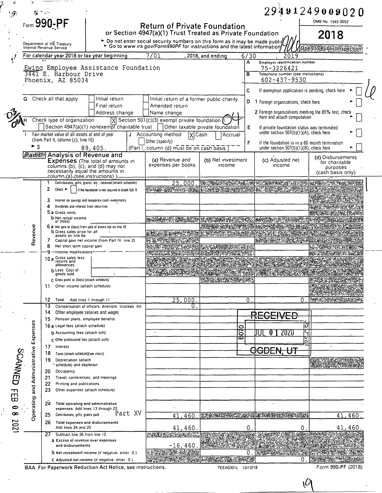 Image of first page of 2018 Form 990PF for Ewing Employee Assistance Foundation