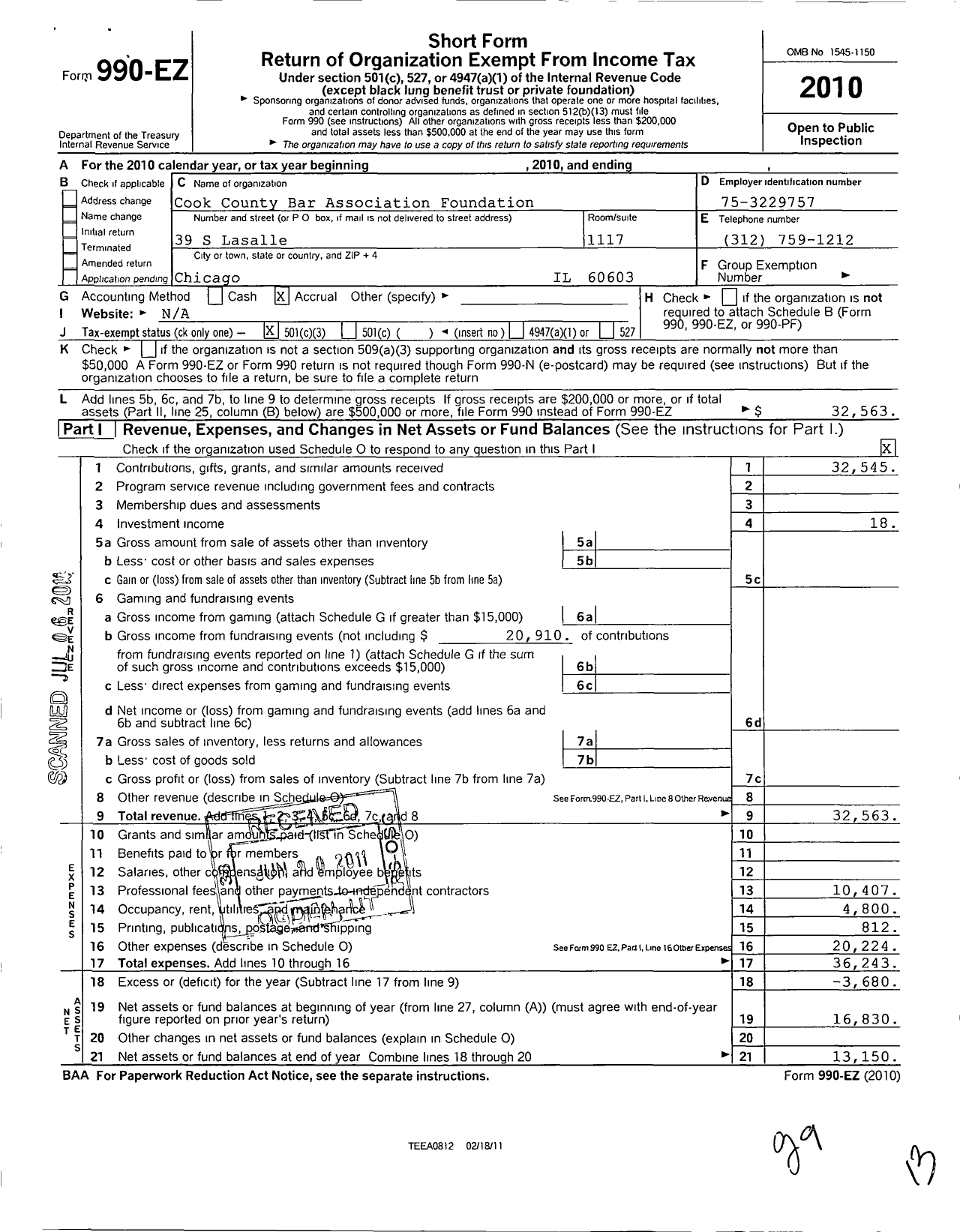 Image of first page of 2010 Form 990EZ for Cook County Bar Association Foundation