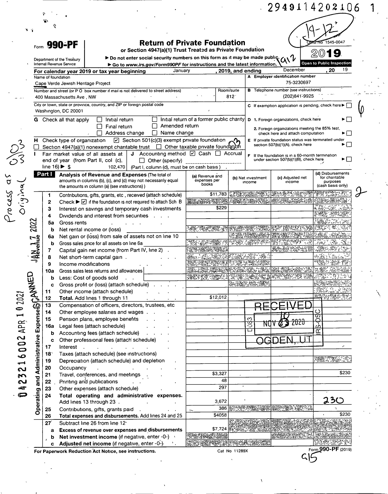 Image of first page of 2019 Form 990PF for Cape Verde Jewish Heritage Project