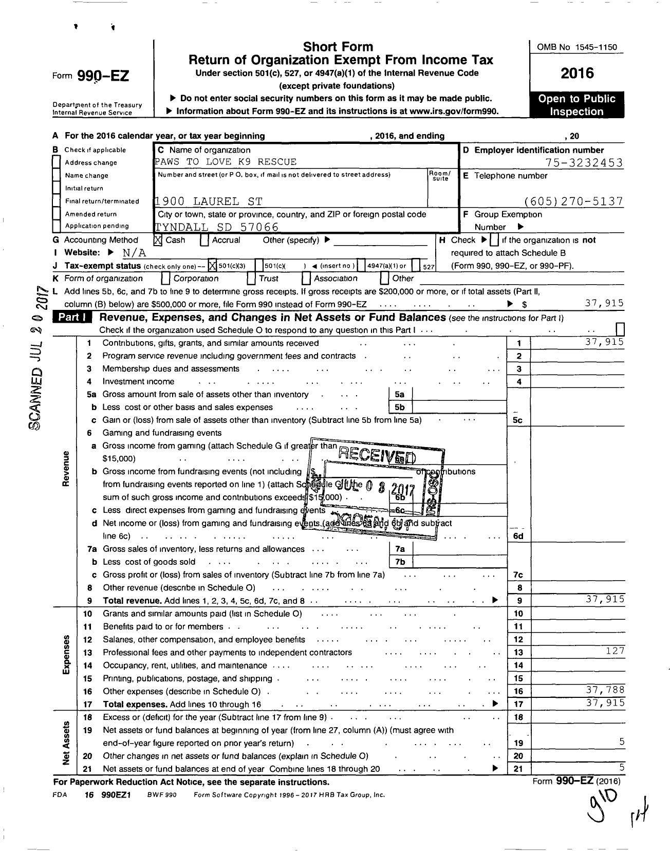 Image of first page of 2016 Form 990EZ for Paws To Love K9 Rescue