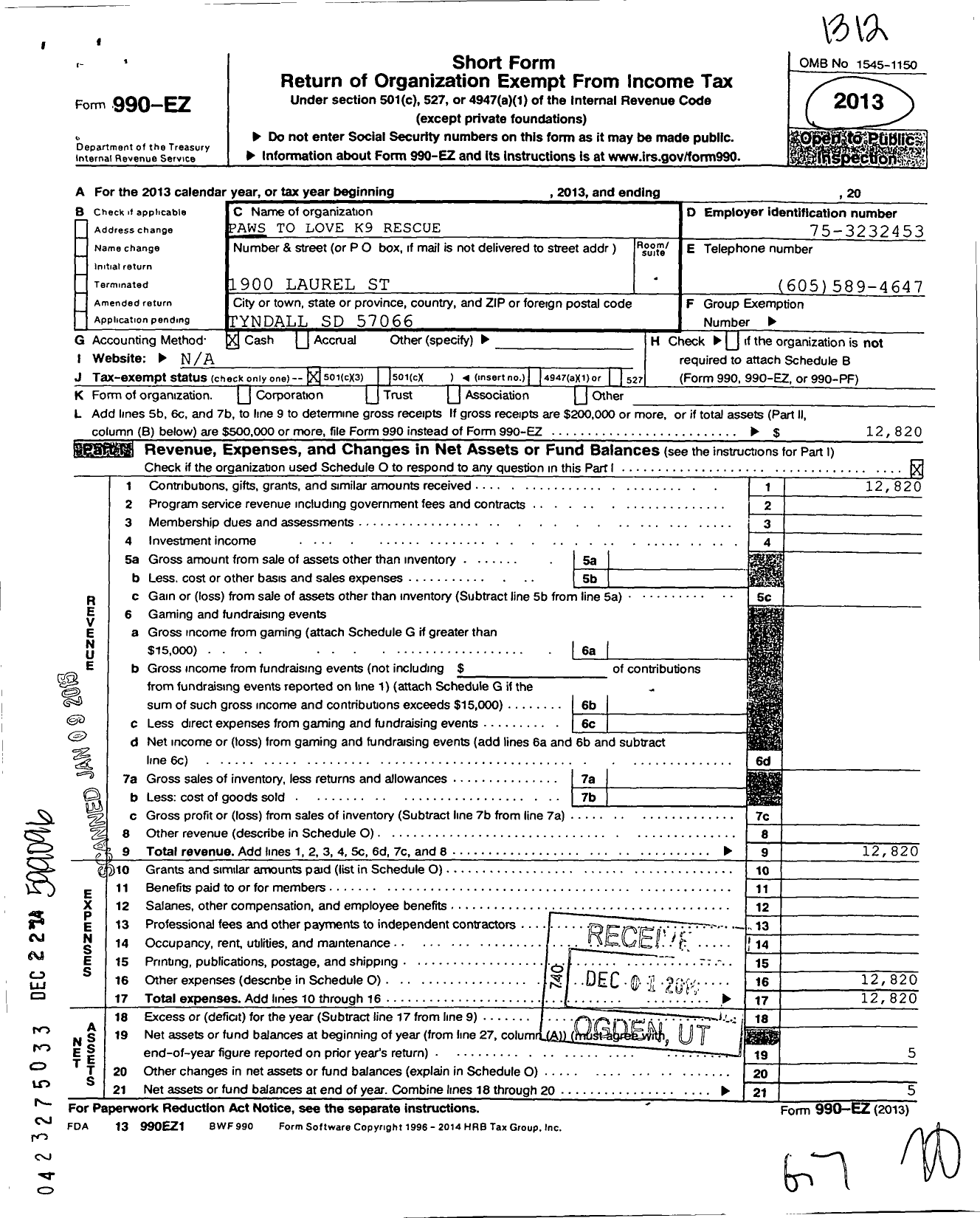 Image of first page of 2013 Form 990EZ for Paws To Love K9 Rescue