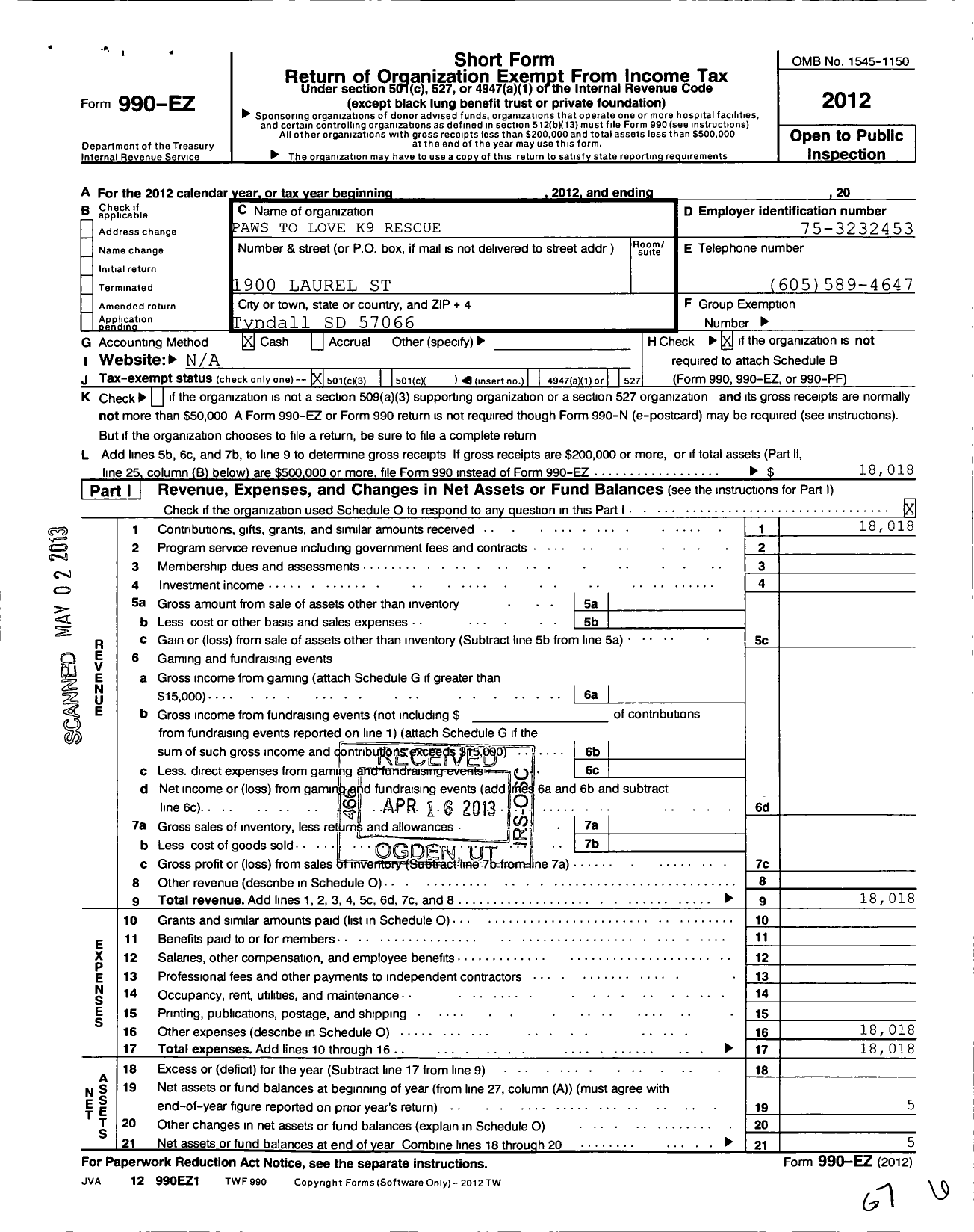 Image of first page of 2012 Form 990EZ for Paws To Love K9 Rescue