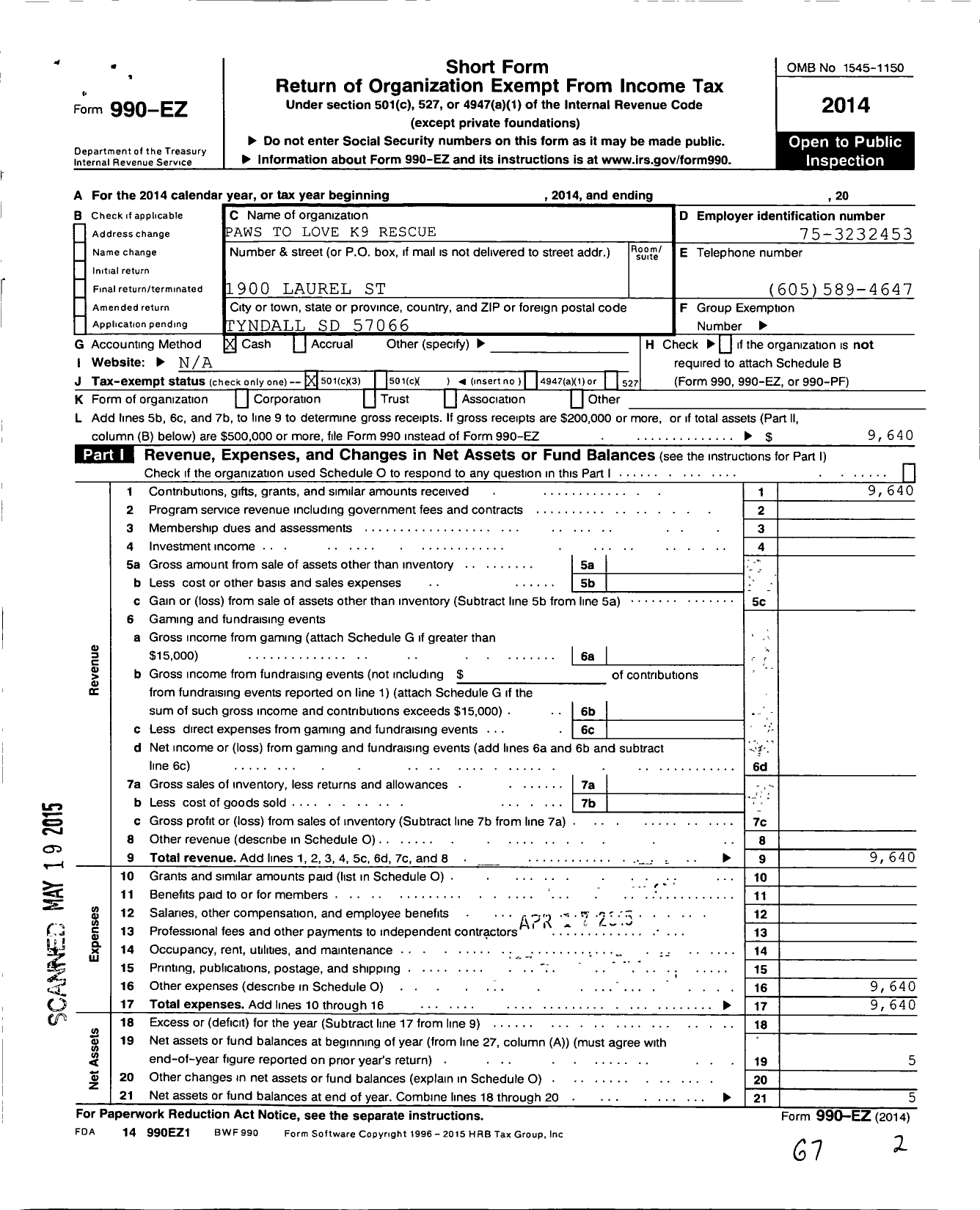 Image of first page of 2014 Form 990EZ for Paws To Love K9 Rescue