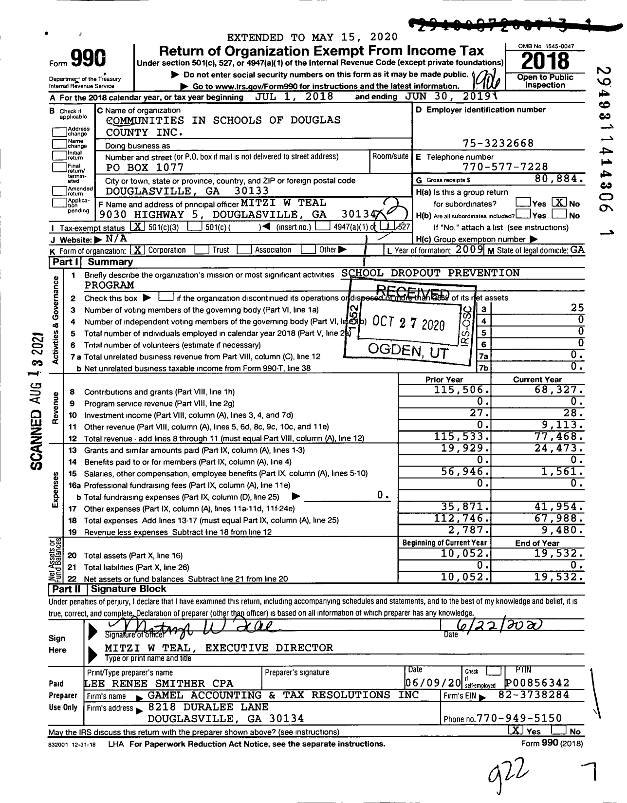 Image of first page of 2018 Form 990 for Communities in Schools of Douglas County