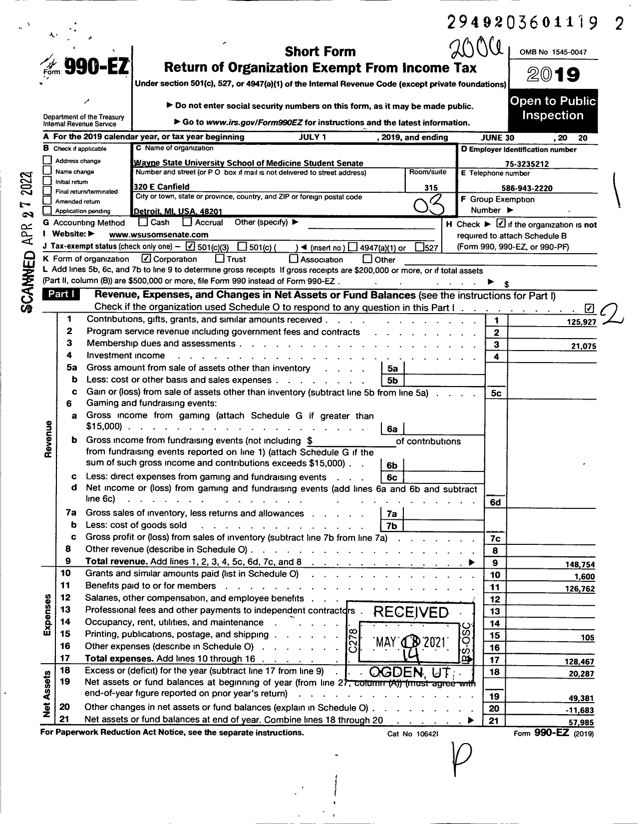 Image of first page of 2019 Form 990EZ for Wayne State University School of Medicine Student Senate