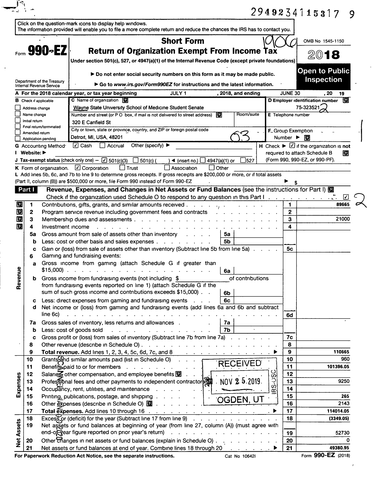 Image of first page of 2018 Form 990EZ for Wayne State University School of Medicine Student Senate