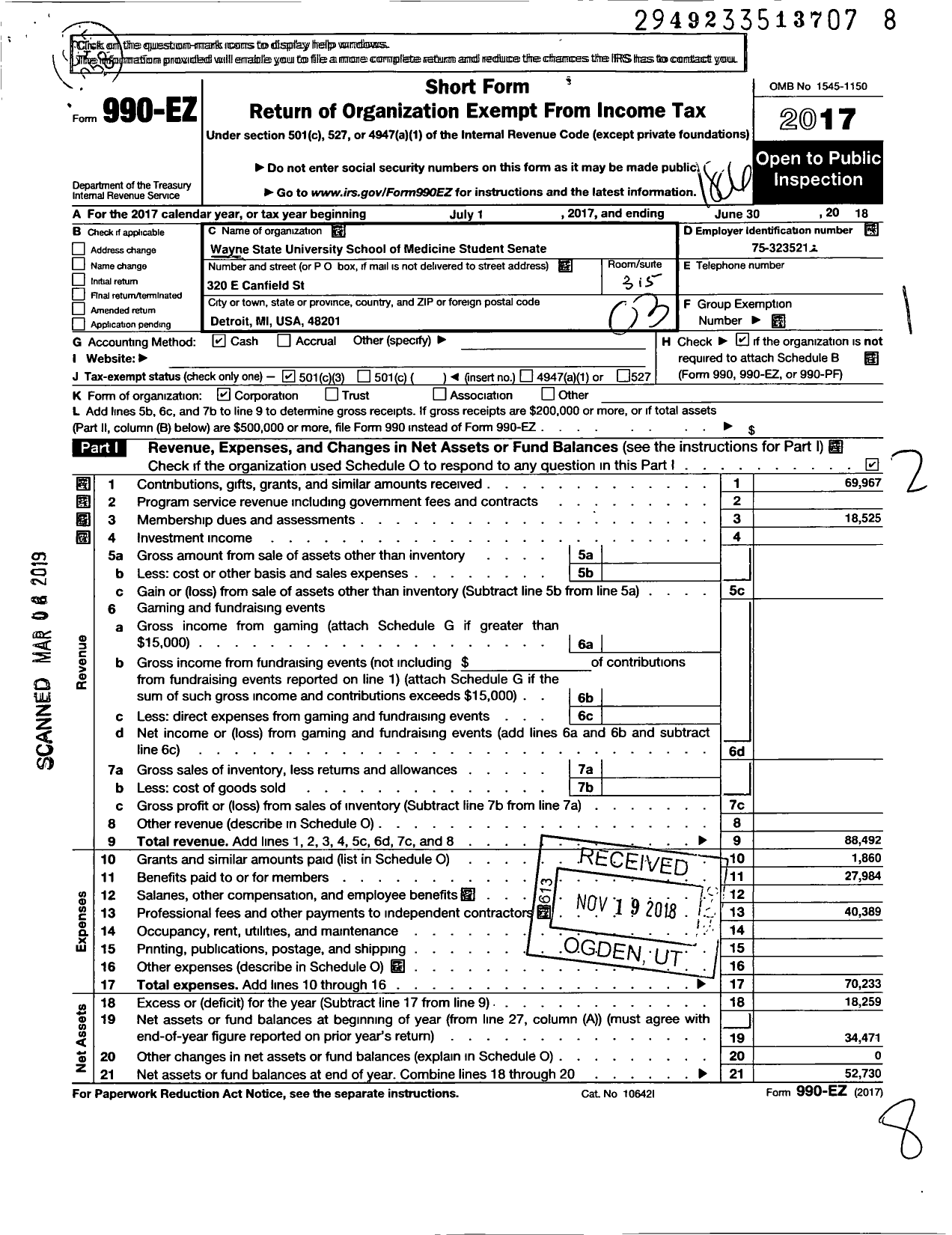 Image of first page of 2017 Form 990EZ for Wayne State University School of Medicine Student Senate