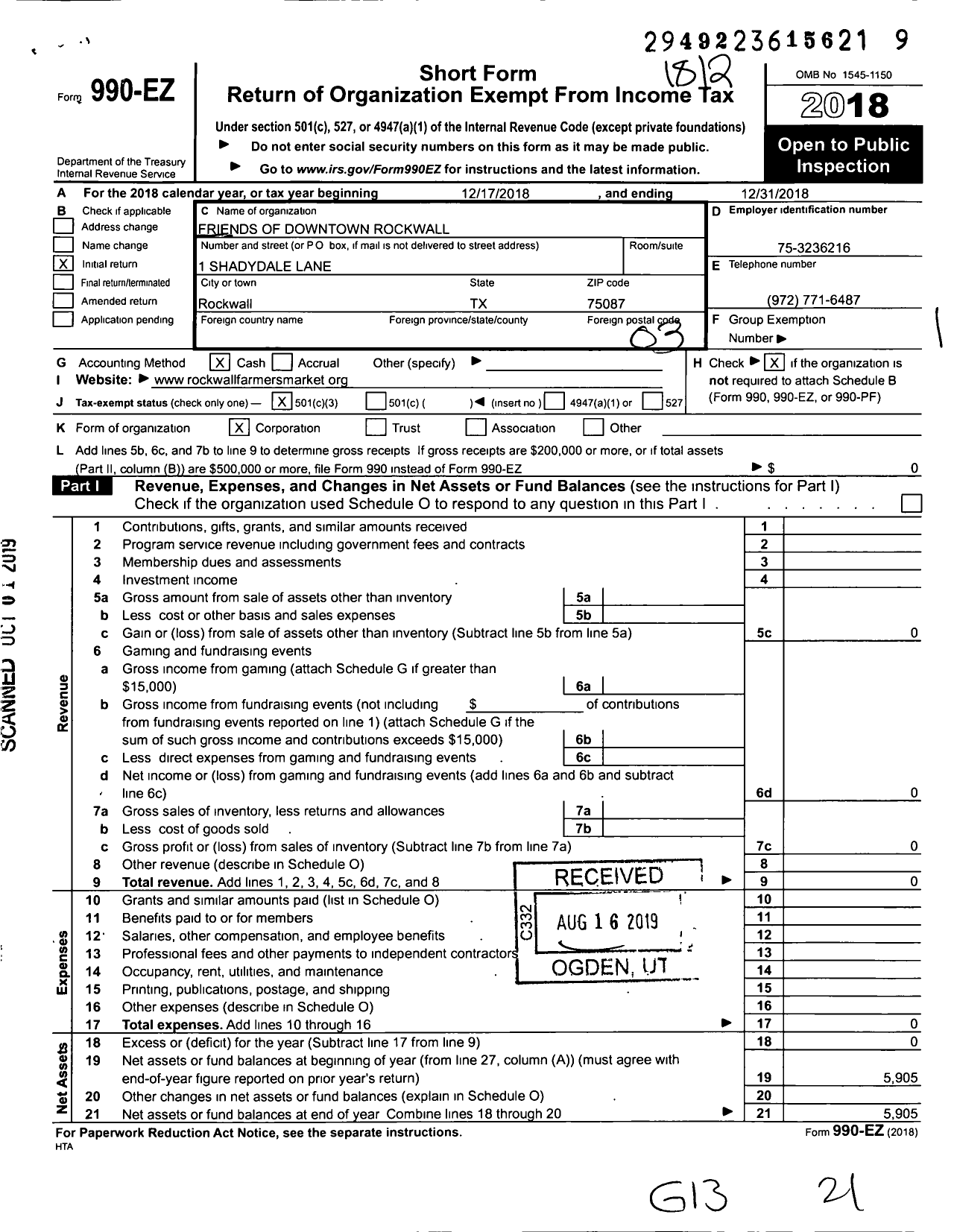 Image of first page of 2018 Form 990EZ for Friends of Downtown Rockwall