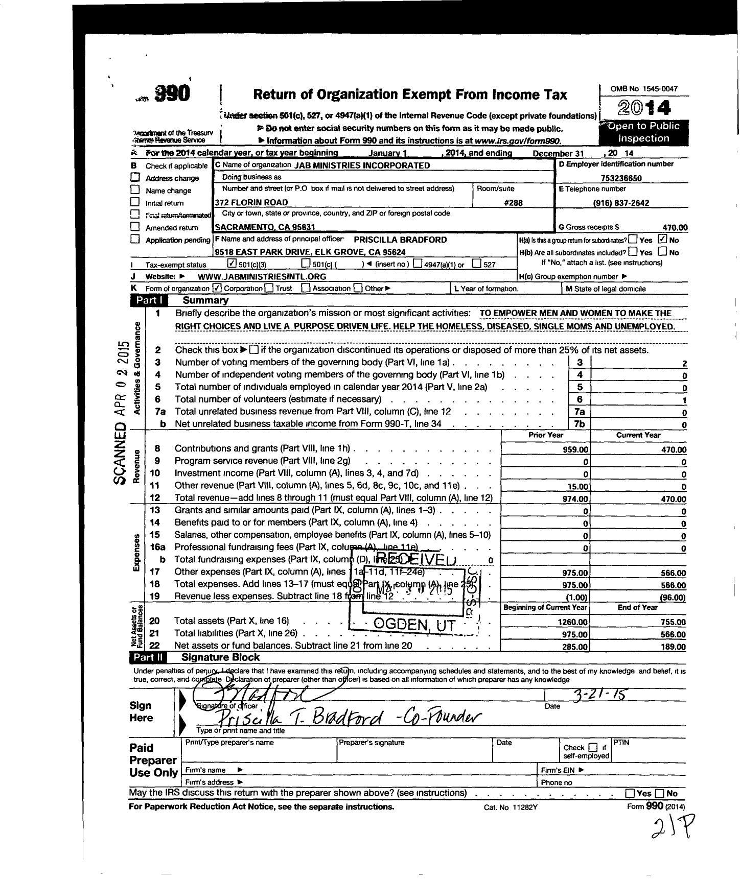 Image of first page of 2014 Form 990 for Jab Ministries Incorporated