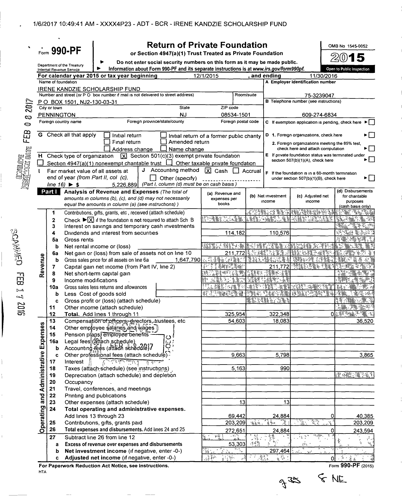 Image of first page of 2015 Form 990PF for Irene Kandzie Scholarship Fund