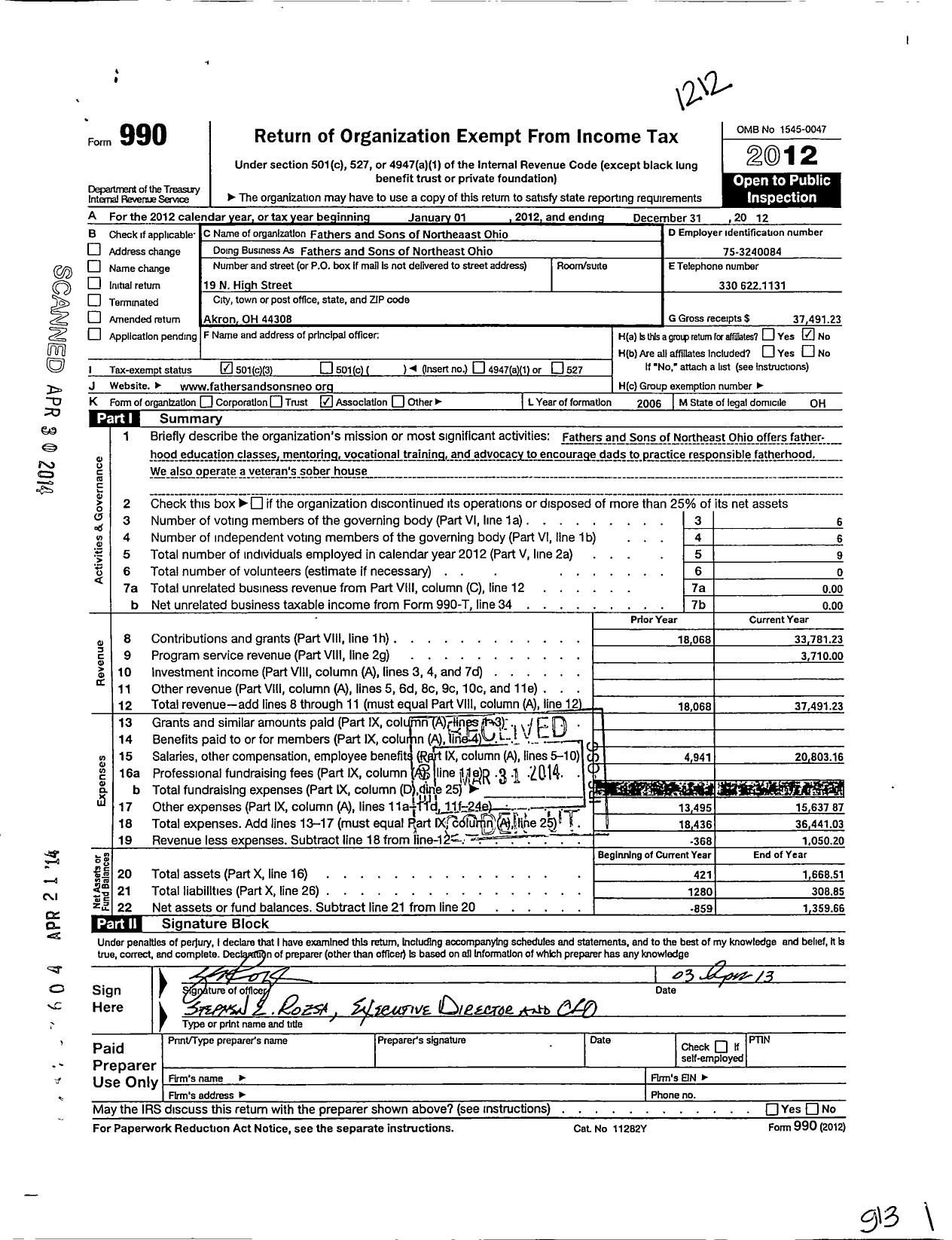 Image of first page of 2012 Form 990 for Fathers & Sons of Northeast Ohio