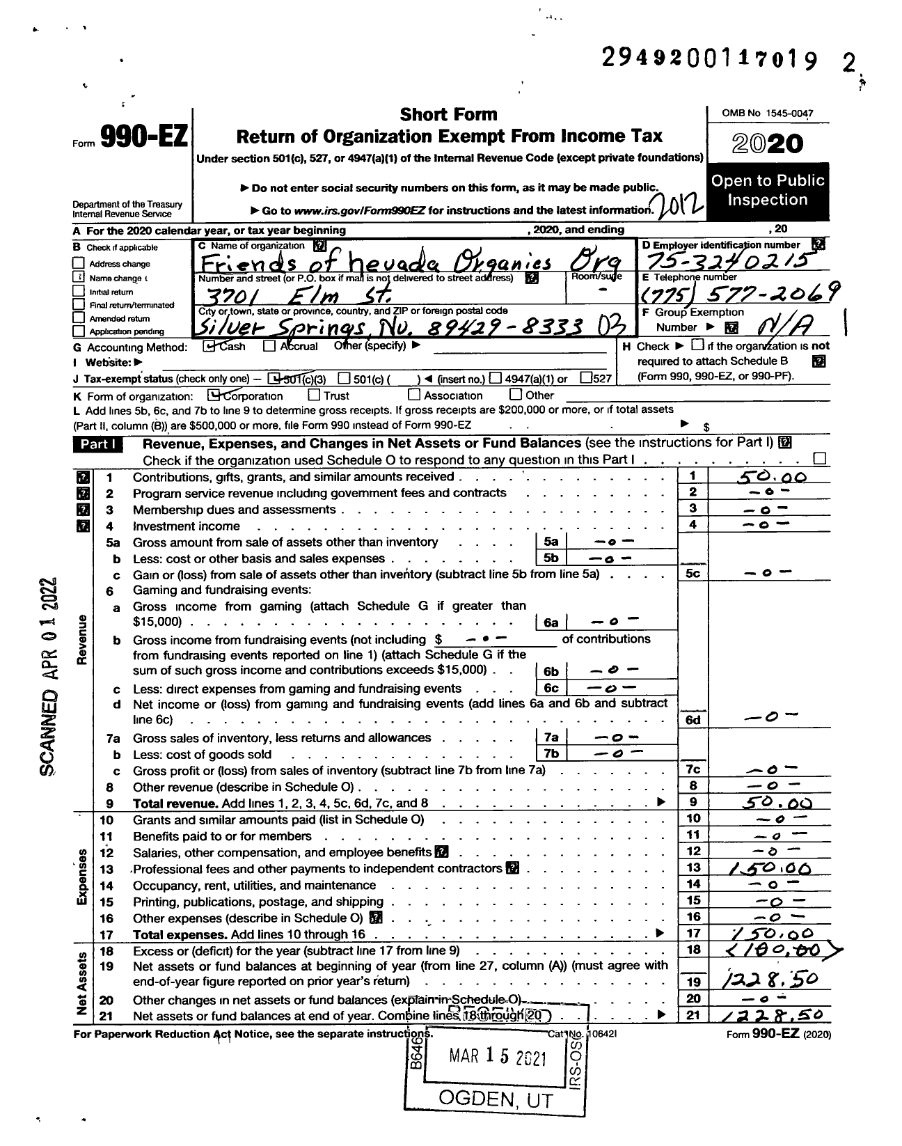 Image of first page of 2020 Form 990EZ for Friends of Nevada Organics