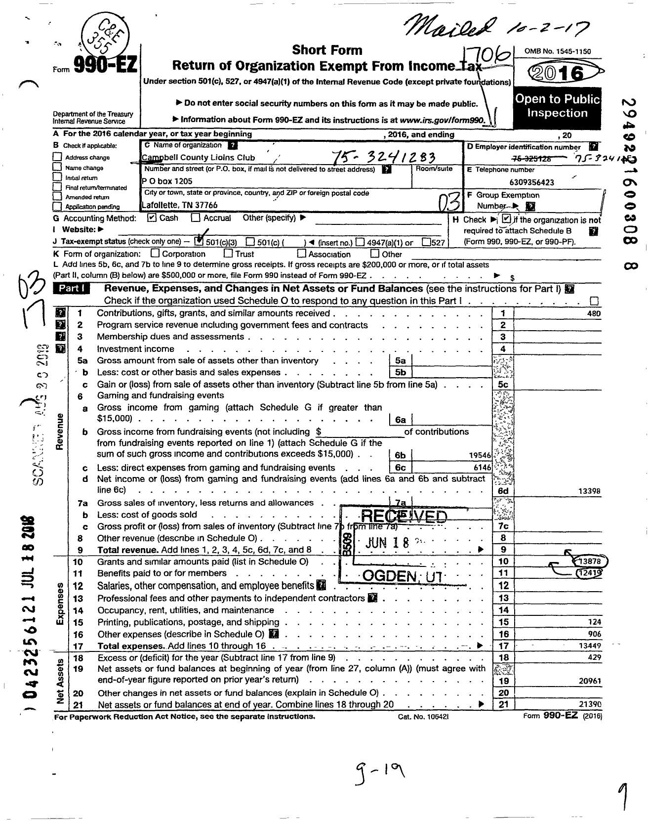 Image of first page of 2016 Form 990EZ for Campbell County Lions Club Charities