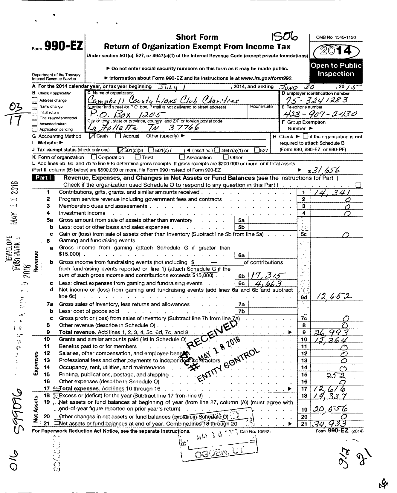 Image of first page of 2014 Form 990EZ for Campbell County Lions Club Charities