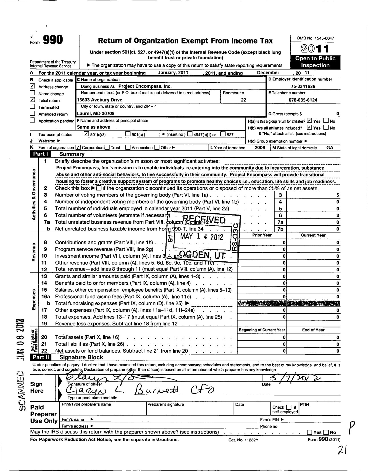 Image of first page of 2011 Form 990 for Project Encompass