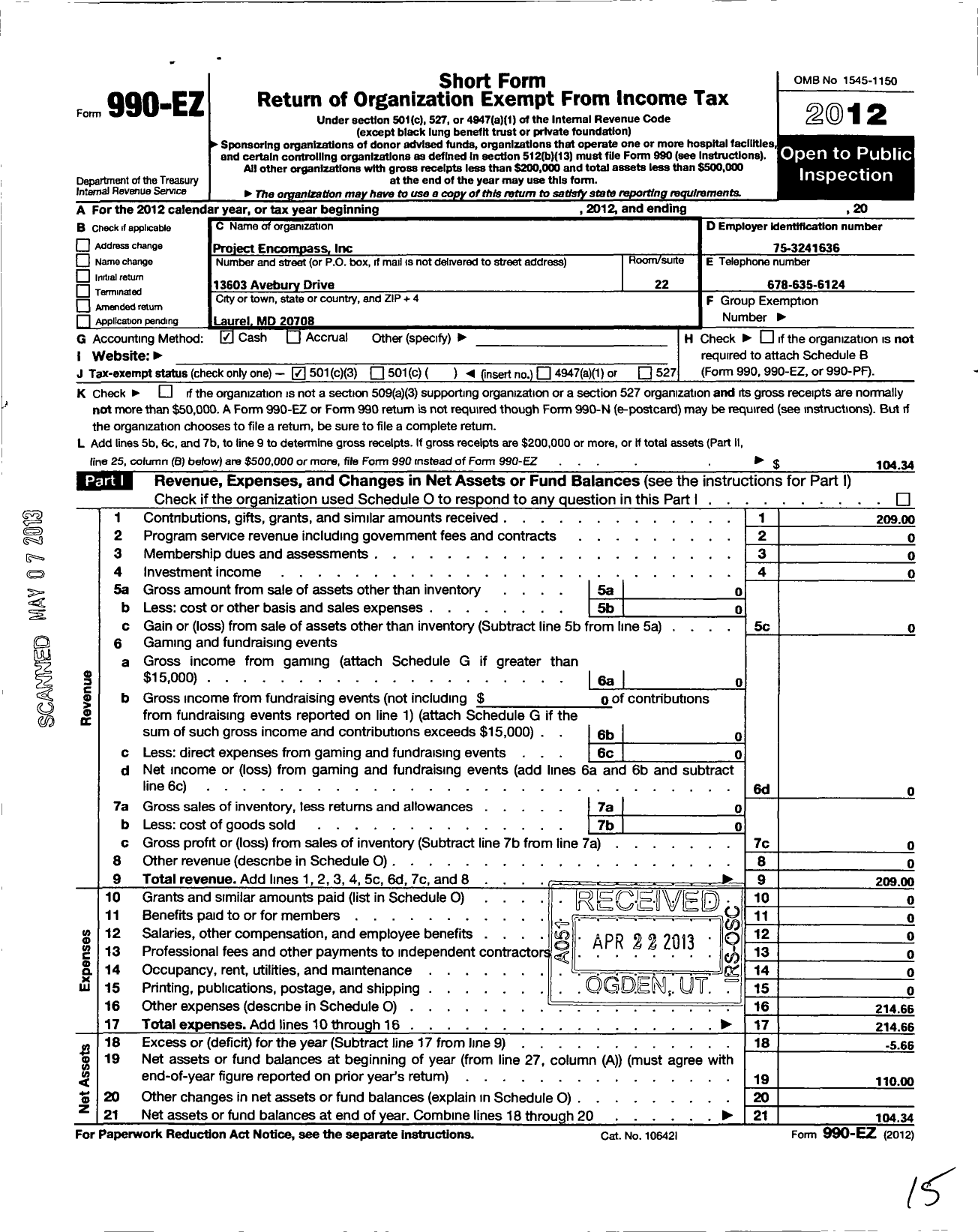 Image of first page of 2012 Form 990EZ for Project Encompass