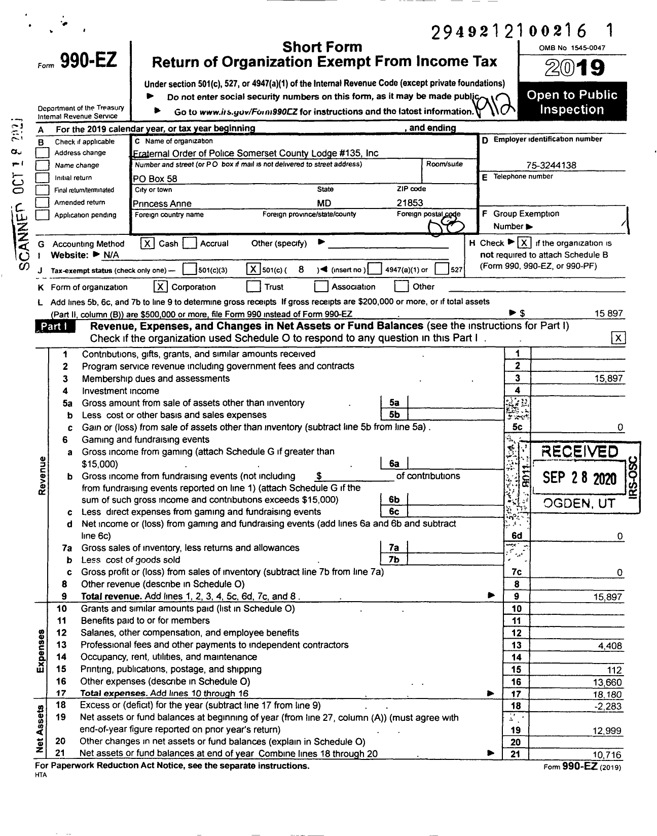 Image of first page of 2019 Form 990EO for Fraternal Order of Police - 135 Somerset County Fop