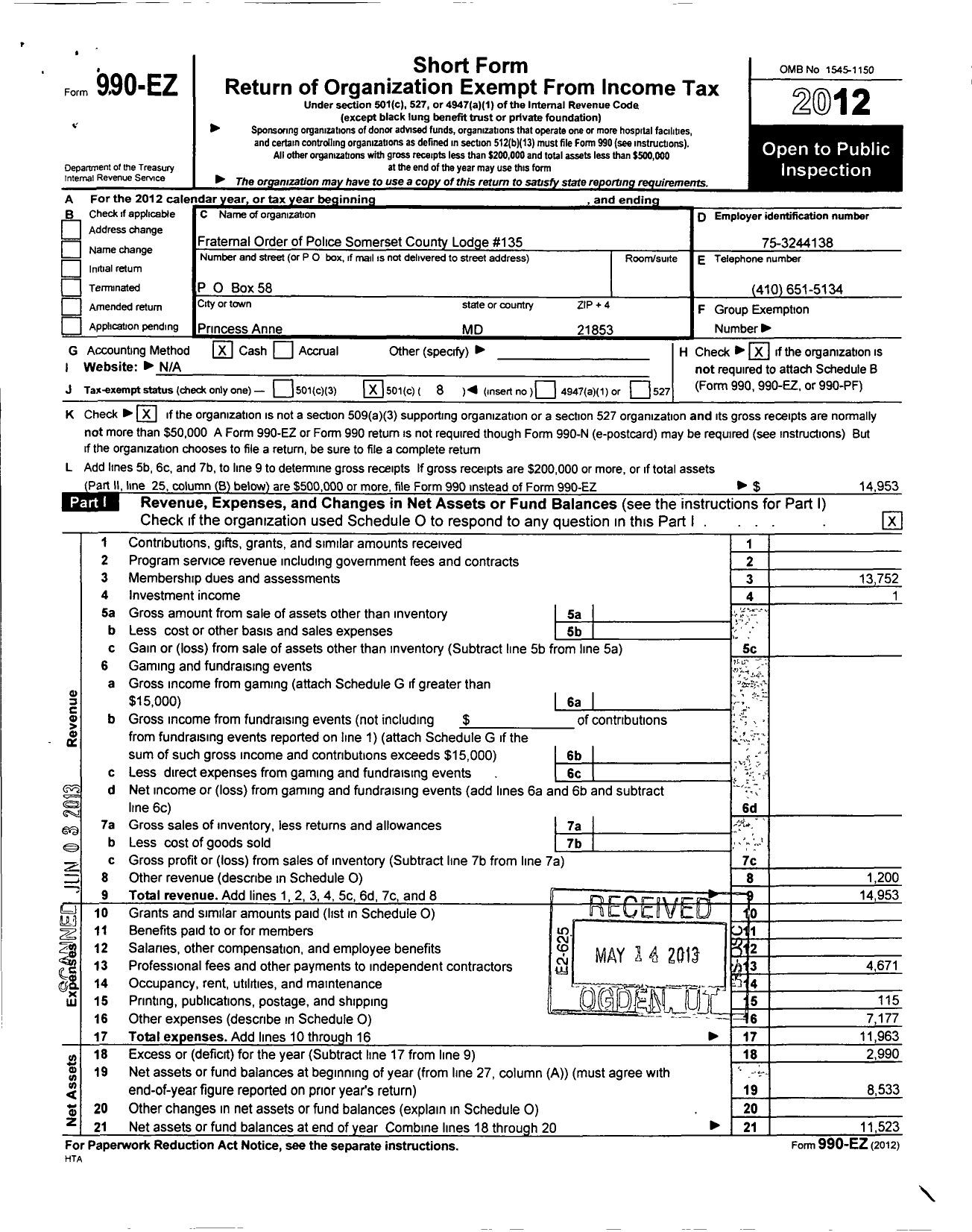 Image of first page of 2012 Form 990EO for Fraternal Order of Police - 135 Somerset County Fop