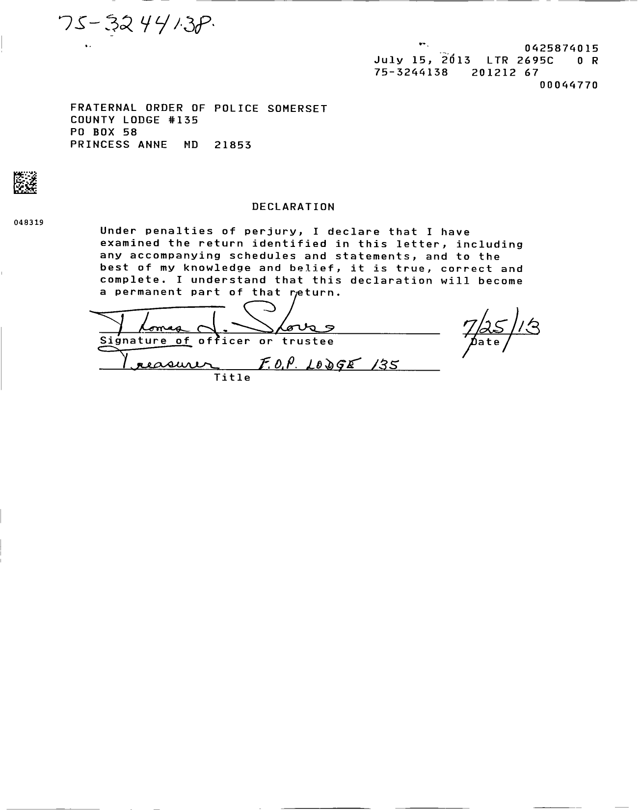 Image of first page of 2012 Form 990EOR for Fraternal Order of Police - 135 Somerset County Fop