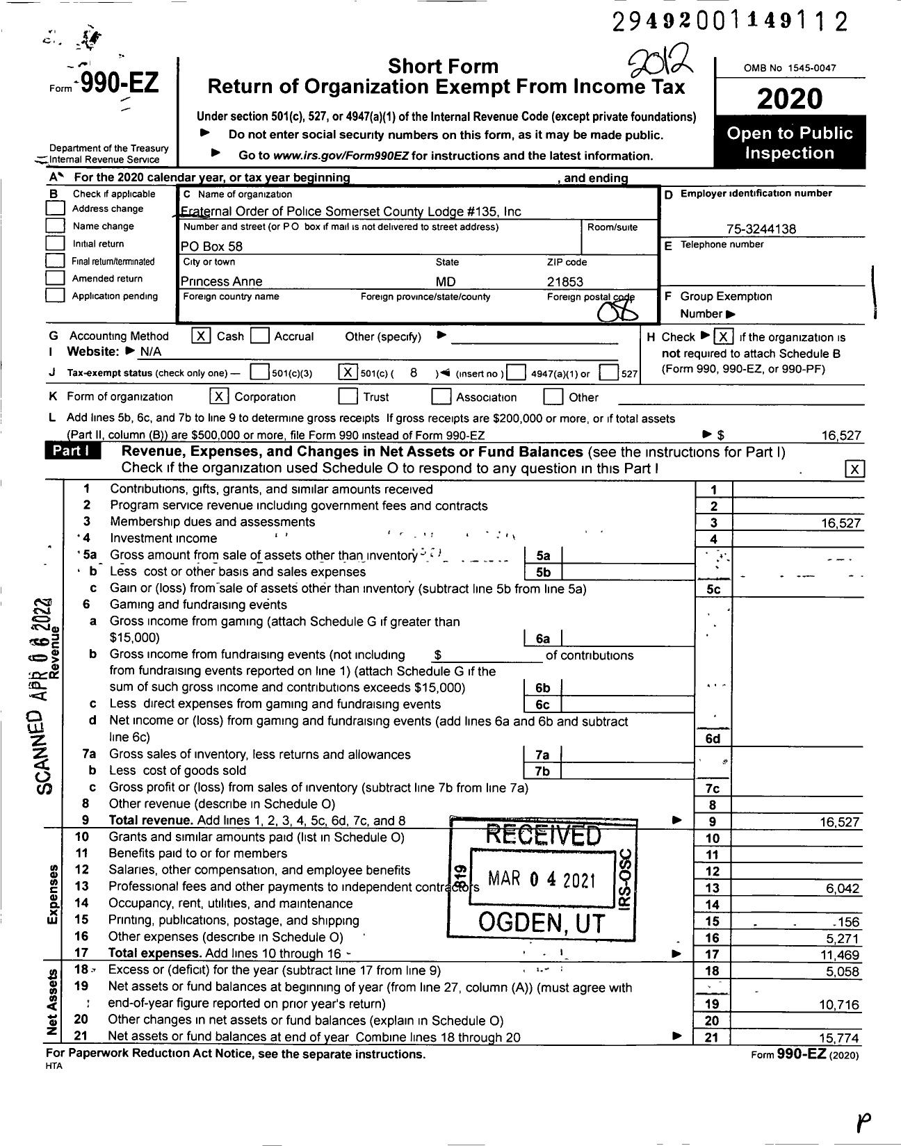 Image of first page of 2020 Form 990EO for Fraternal Order of Police - 135 Somerset County Fop