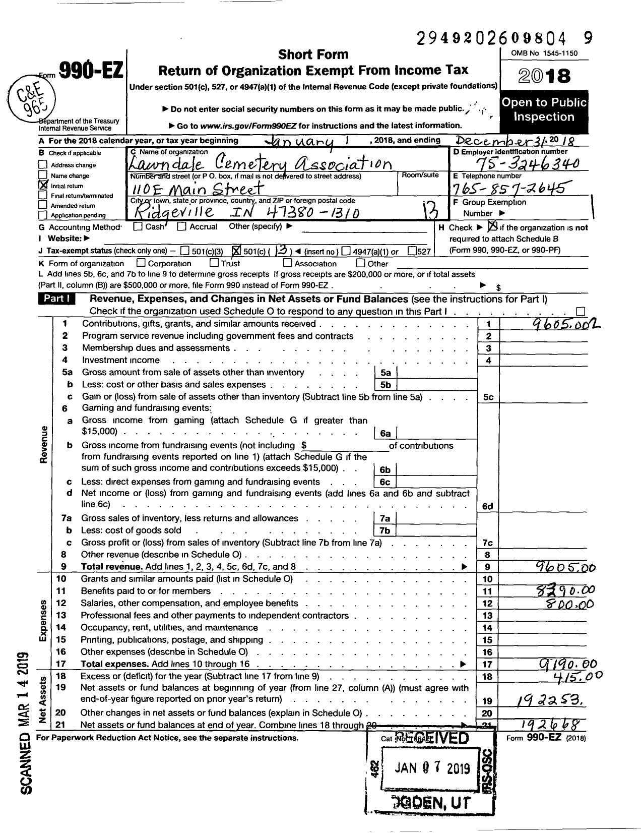 Image of first page of 2018 Form 990EO for Lawndale Cemetery Association