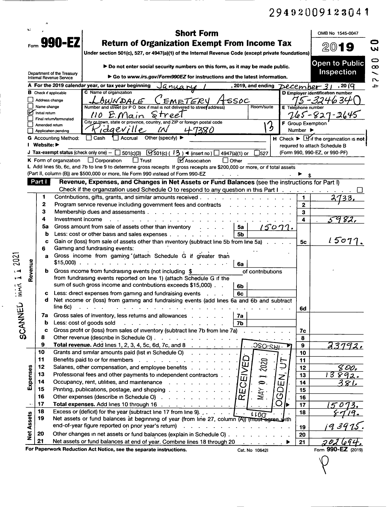 Image of first page of 2019 Form 990EO for Lawndale Cemetery Association