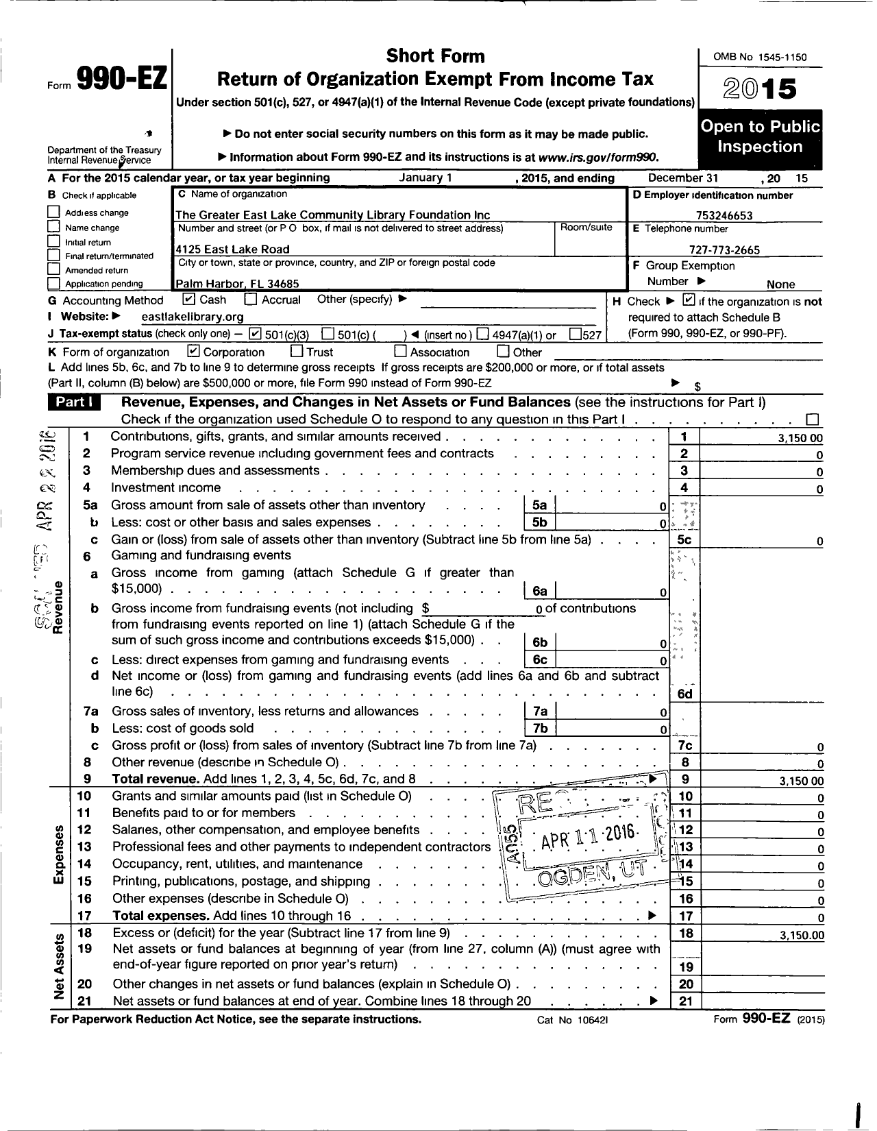 Image of first page of 2015 Form 990EZ for The Greater East Lake Library Foundation