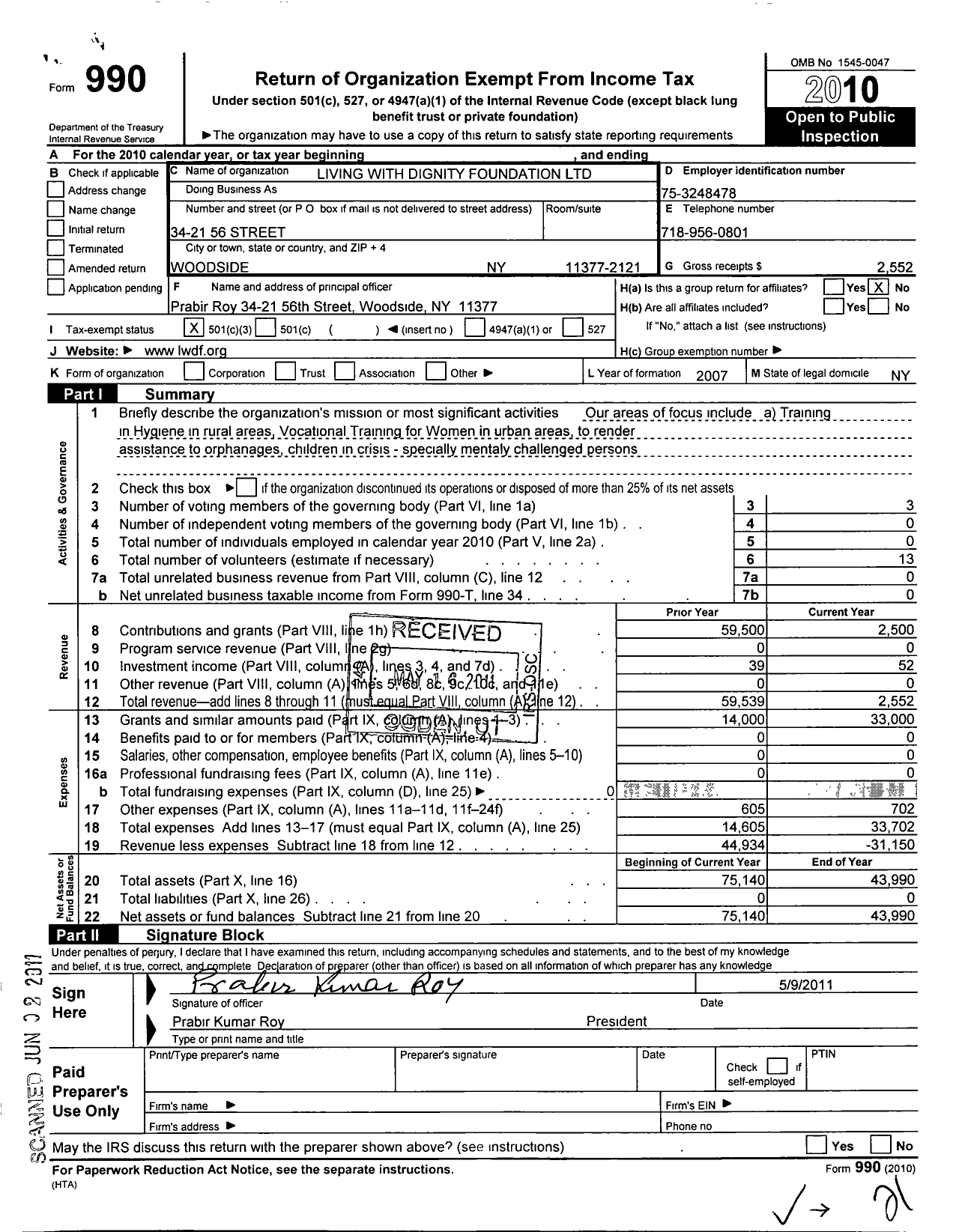 Image of first page of 2010 Form 990 for Living with Dignity Foundation