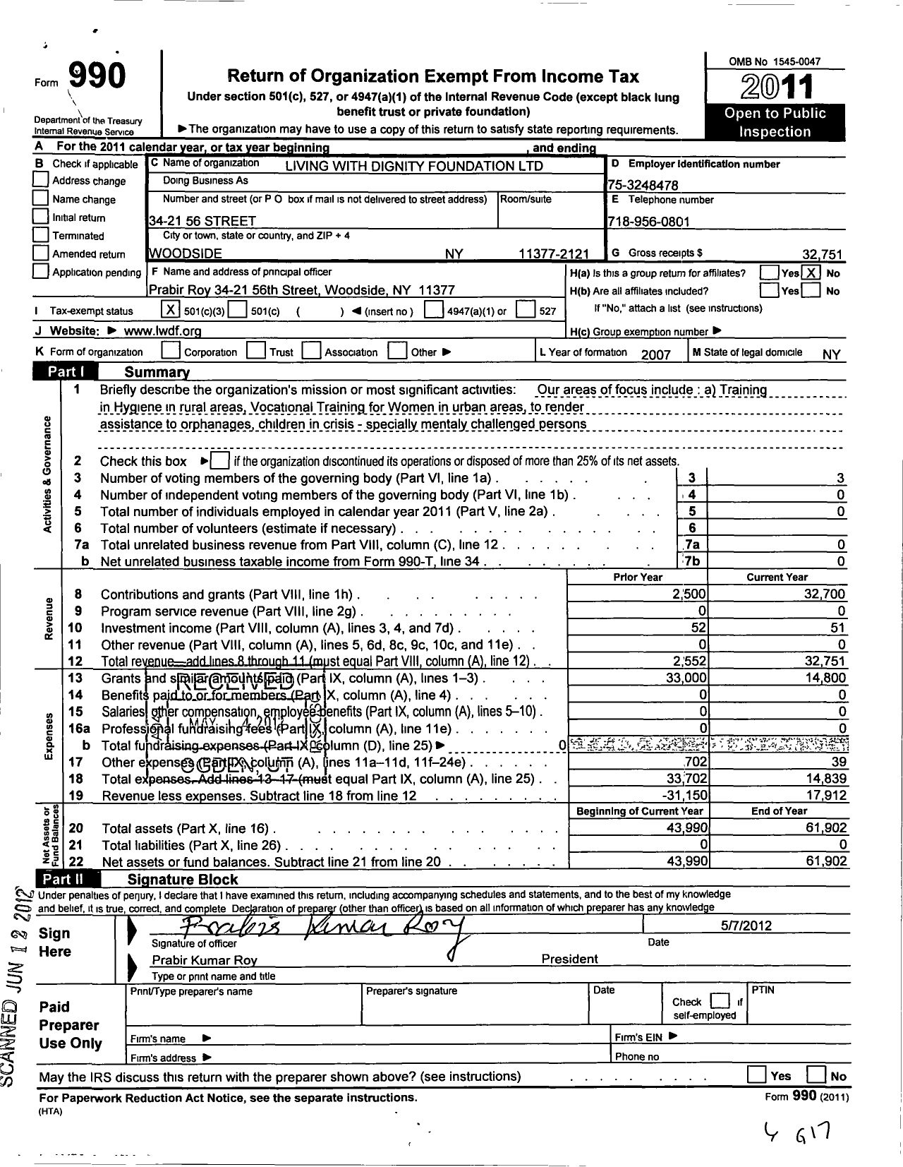 Image of first page of 2011 Form 990 for Living with Dignity Foundation