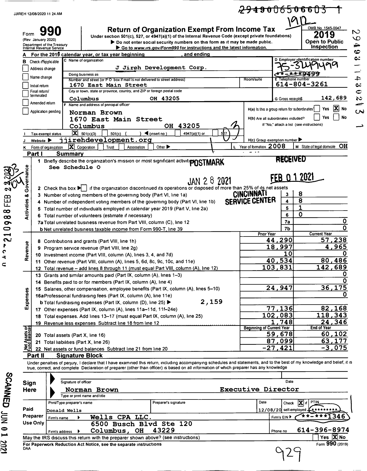 Image of first page of 2019 Form 990 for J Jireh Development Corporation