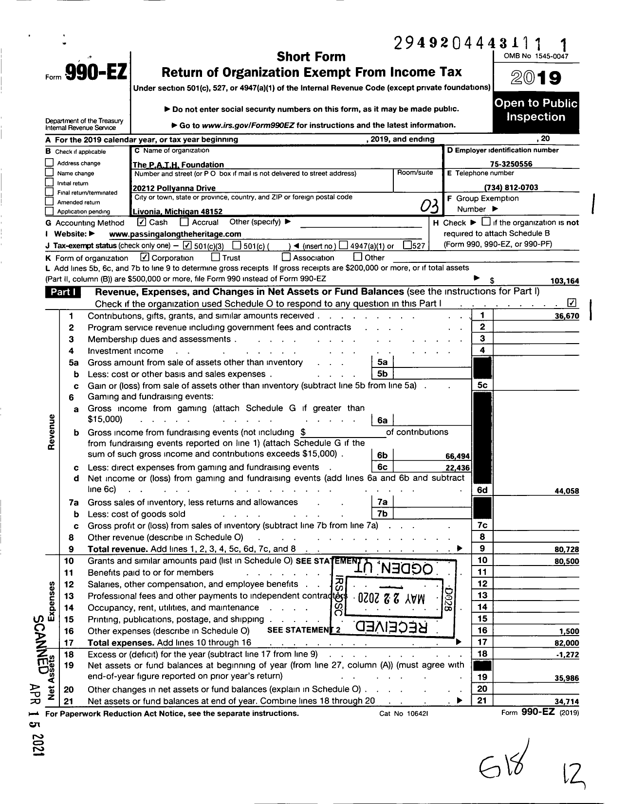 Image of first page of 2019 Form 990EZ for The Path Foundation