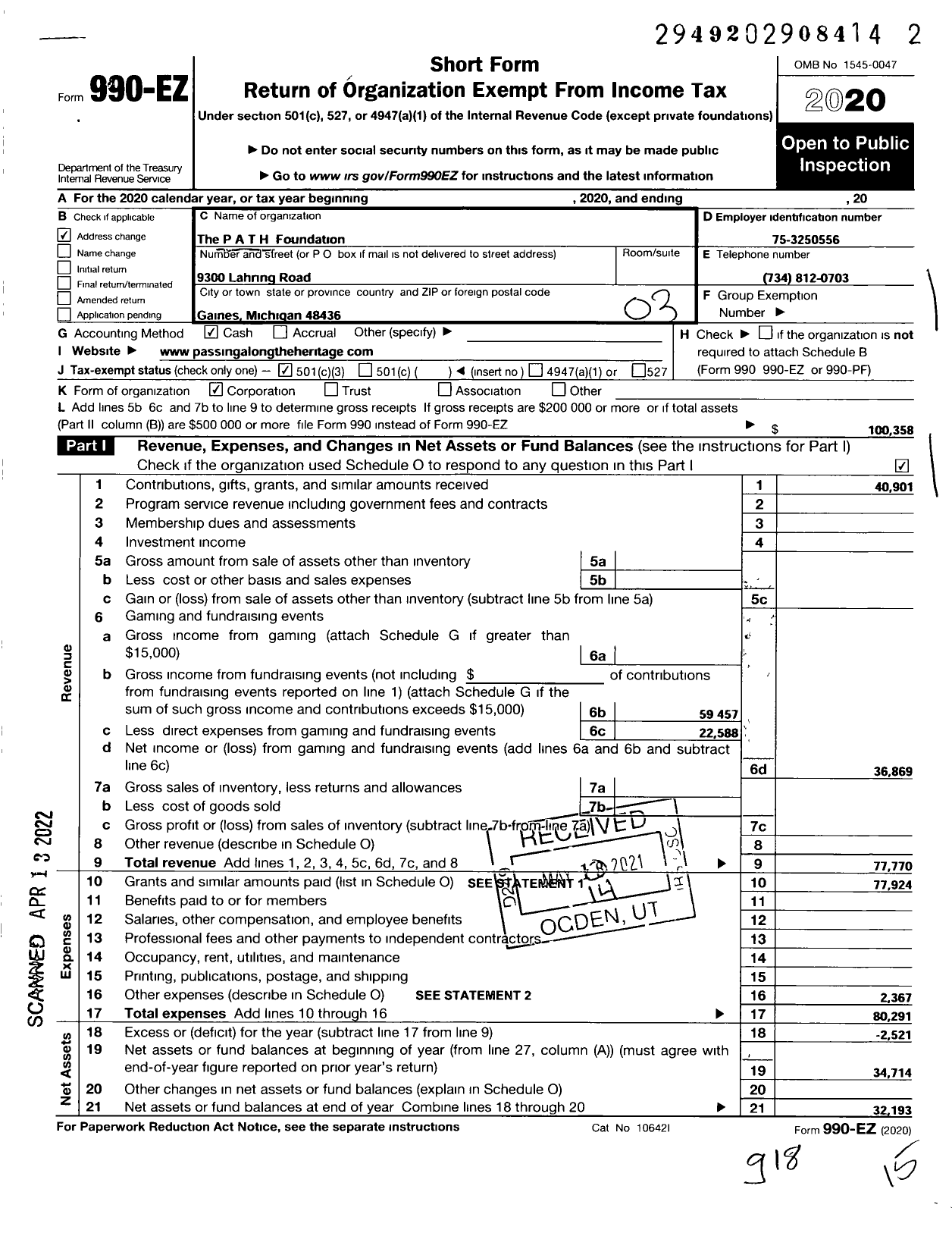 Image of first page of 2020 Form 990EZ for The Path Foundation