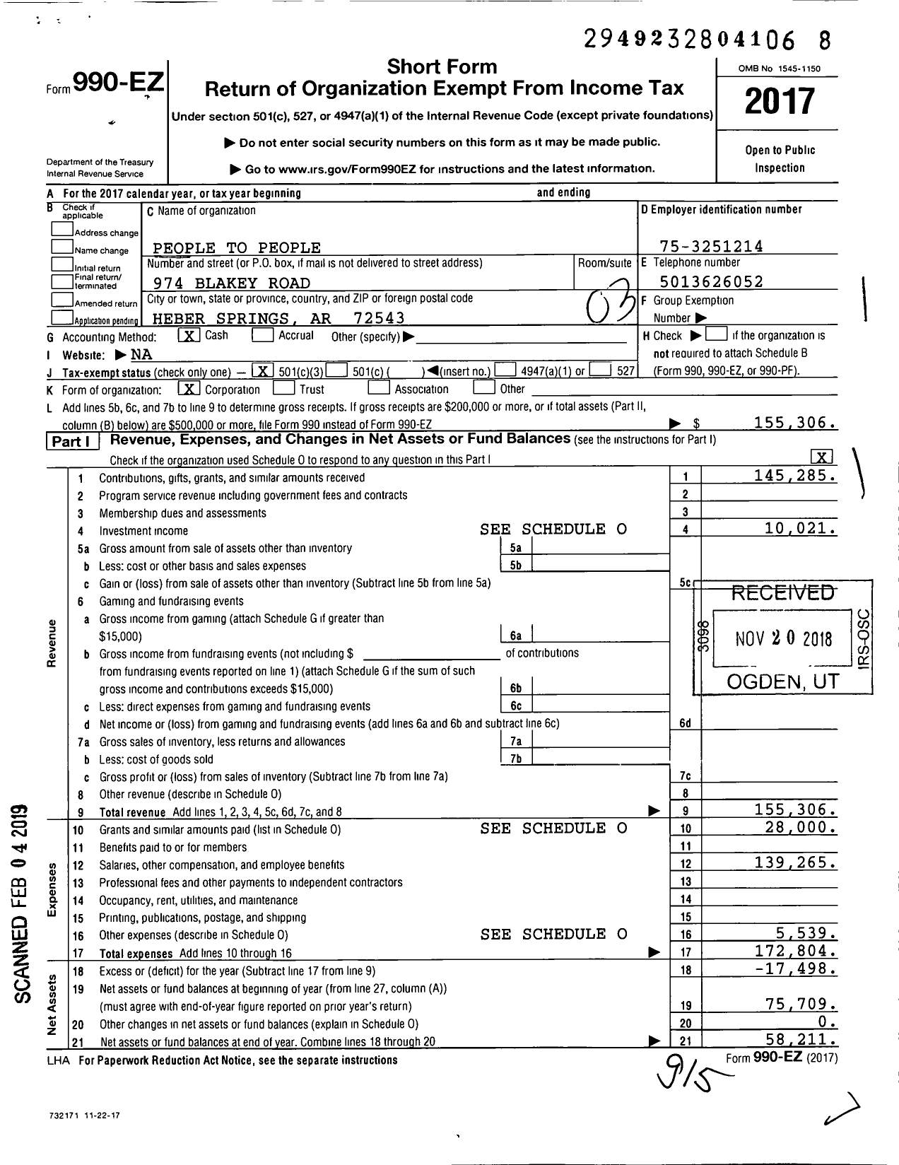 Image of first page of 2017 Form 990EZ for People To People