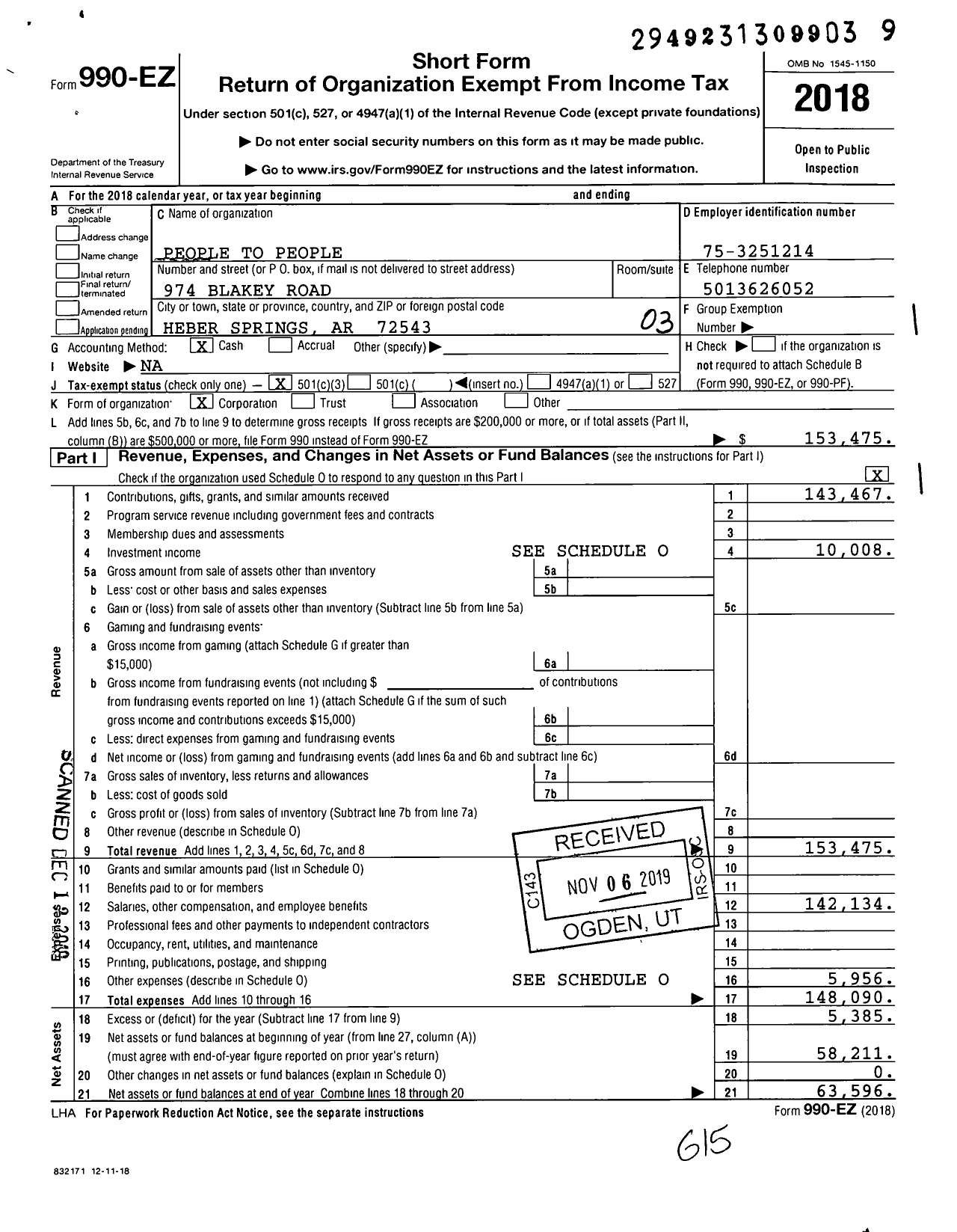 Image of first page of 2018 Form 990EZ for People To People