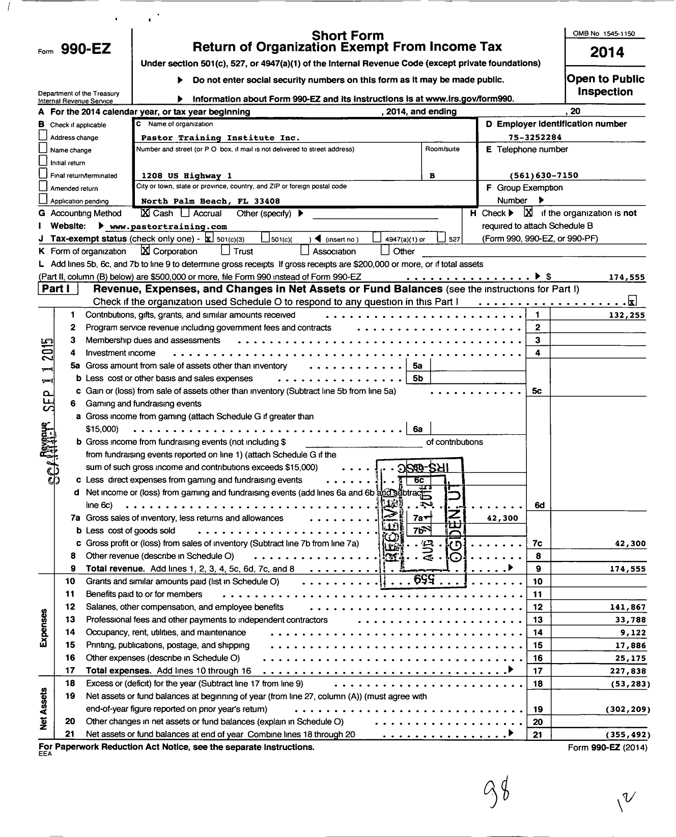 Image of first page of 2014 Form 990EZ for Pastor Training Institute