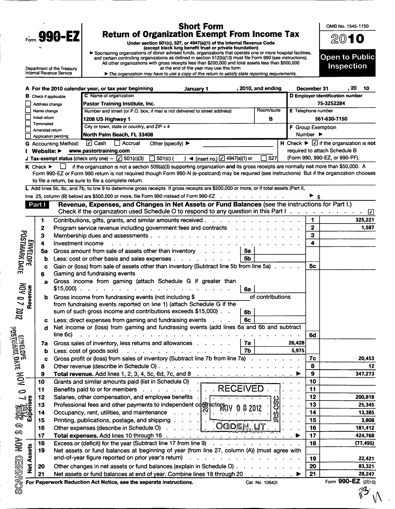 Image of first page of 2010 Form 990EZ for Pastor Training Institute